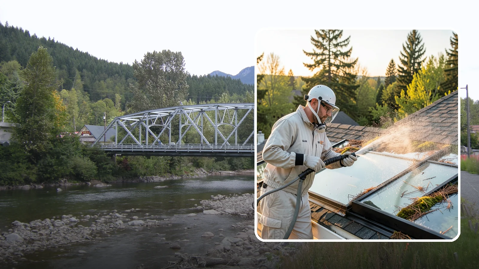 Skylight Cleaning in Skykomish, King County, WA - Cleaning of skylights coated in the moss, needles, and organic film that settle on our low-slope roof glass.