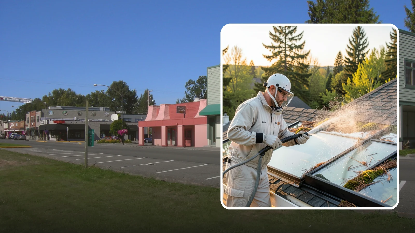 Skylight Cleaning in Snoqualmie, King County, WA - Cleaning of skylights coated in the moss, needles, and organic film that settle on our low-slope roof glass.