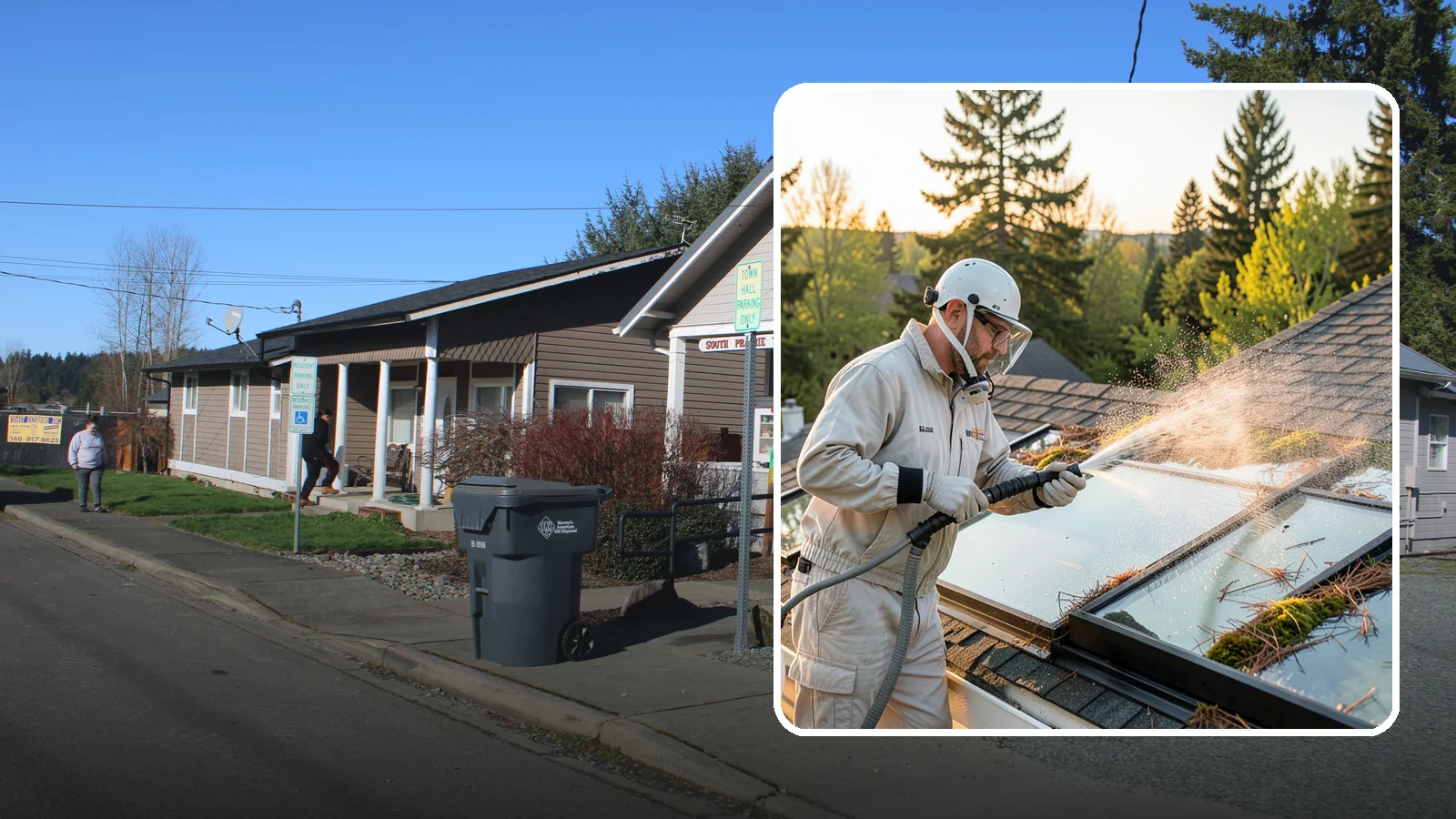 Skylight Cleaning in South Prairie, Pierce County, WA - Cleaning of skylights coated in the moss, needles, and organic film that settle on our low-slope roof glass.
