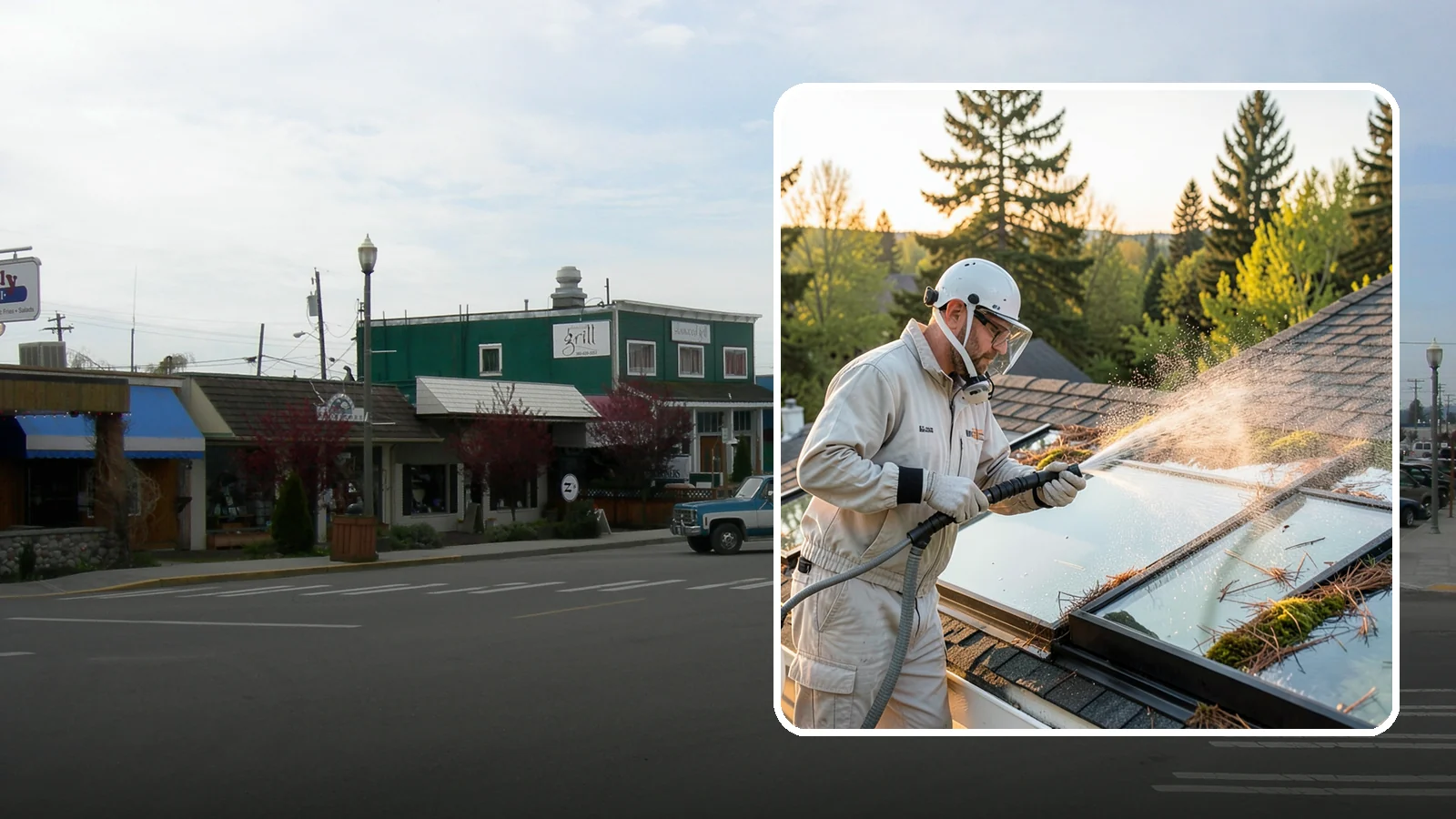 Skylight Cleaning in Stanwood, Snohomish County, WA - Cleaning of skylights coated in the moss, needles, and organic film that settle on our low-slope roof glass.