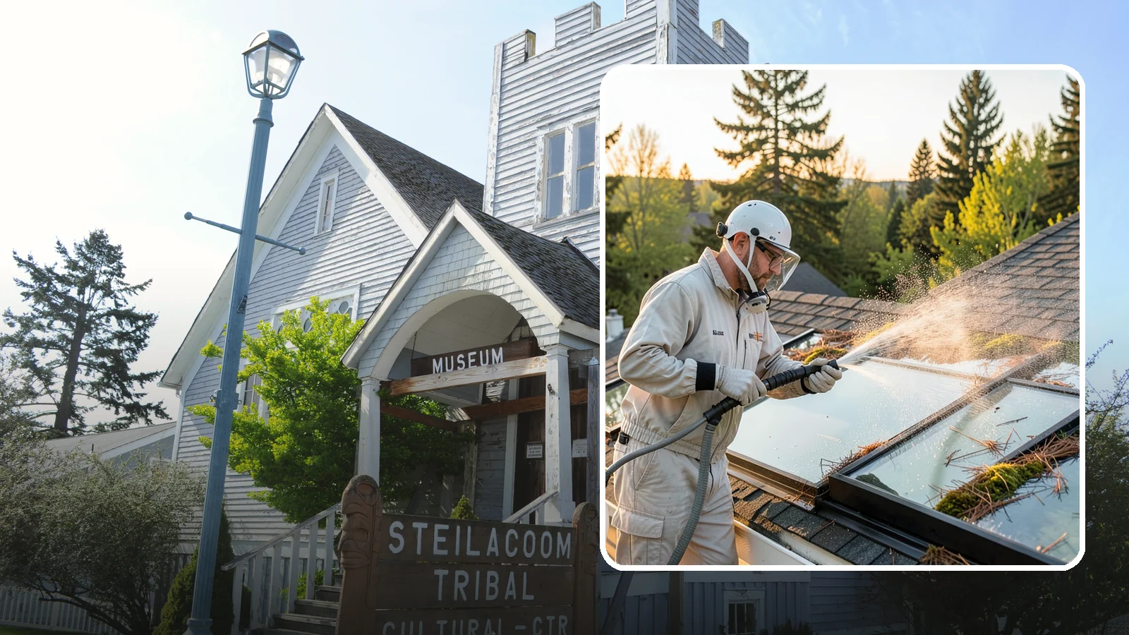 Skylight Cleaning in Steilacoom, Pierce County, WA - Cleaning of skylights coated in the moss, needles, and organic film that settle on our low-slope roof glass.