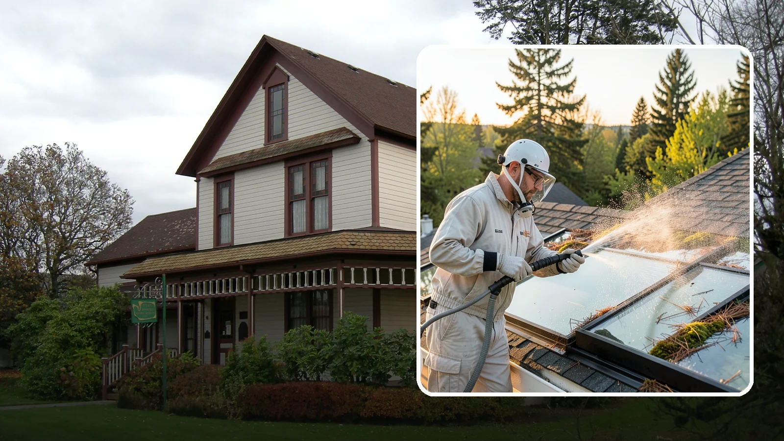 Skylight Cleaning in Sumner, Pierce County, WA - Cleaning of skylights coated in the moss, needles, and organic film that settle on our low-slope roof glass.