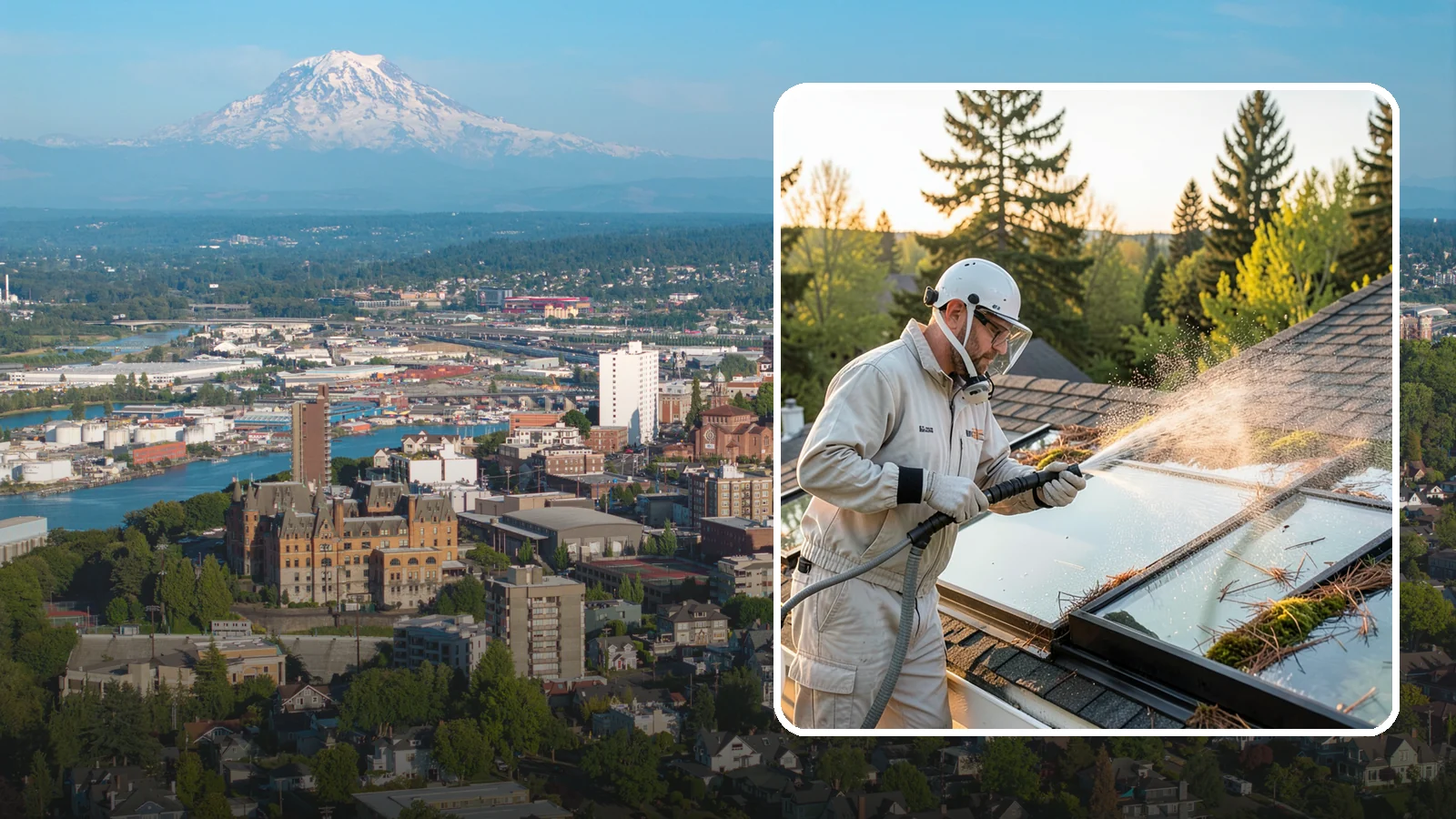 Skylight Cleaning in Tacoma, Pierce County, WA - Cleaning of skylights coated in the moss, needles, and organic film that settle on our low-slope roof glass.