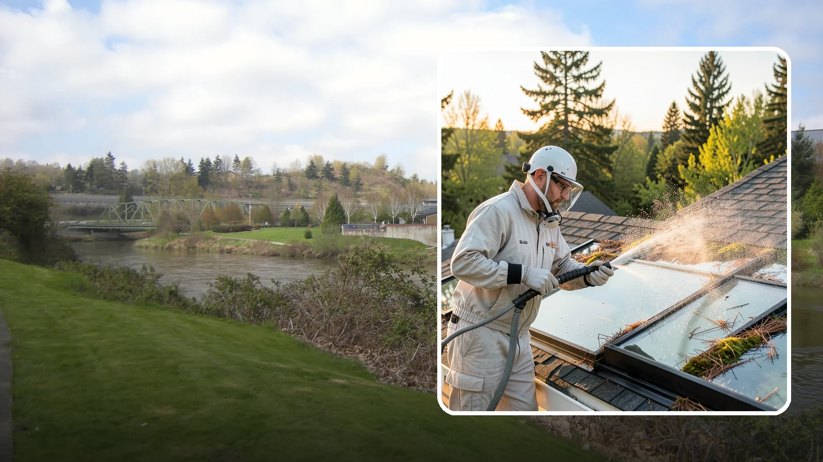 Skylight Cleaning in Tukwila, King County, WA - Cleaning of skylights coated in the moss, needles, and organic film that settle on our low-slope roof glass.