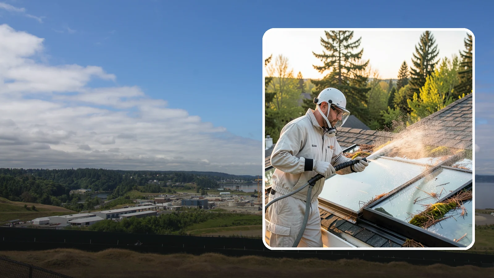 Skylight Cleaning in University Place, Pierce County, WA - Cleaning of skylights coated in the moss, needles, and organic film that settle on our low-slope roof glass.