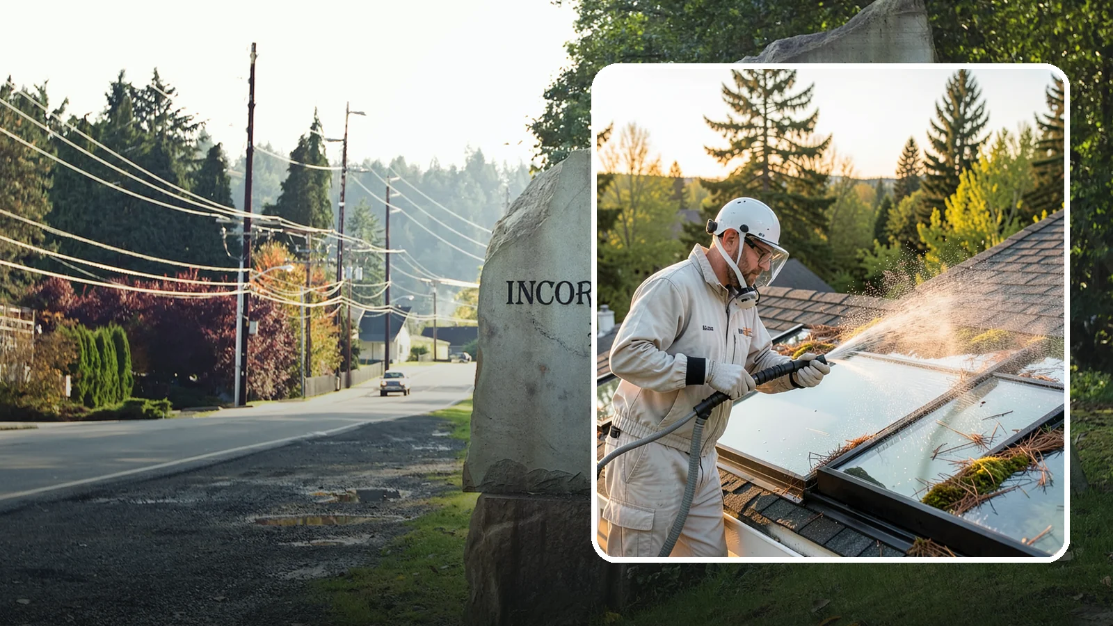 Skylight Cleaning in Wilkeson, Pierce County, WA - Cleaning of skylights coated in the moss, needles, and organic film that settle on our low-slope roof glass.