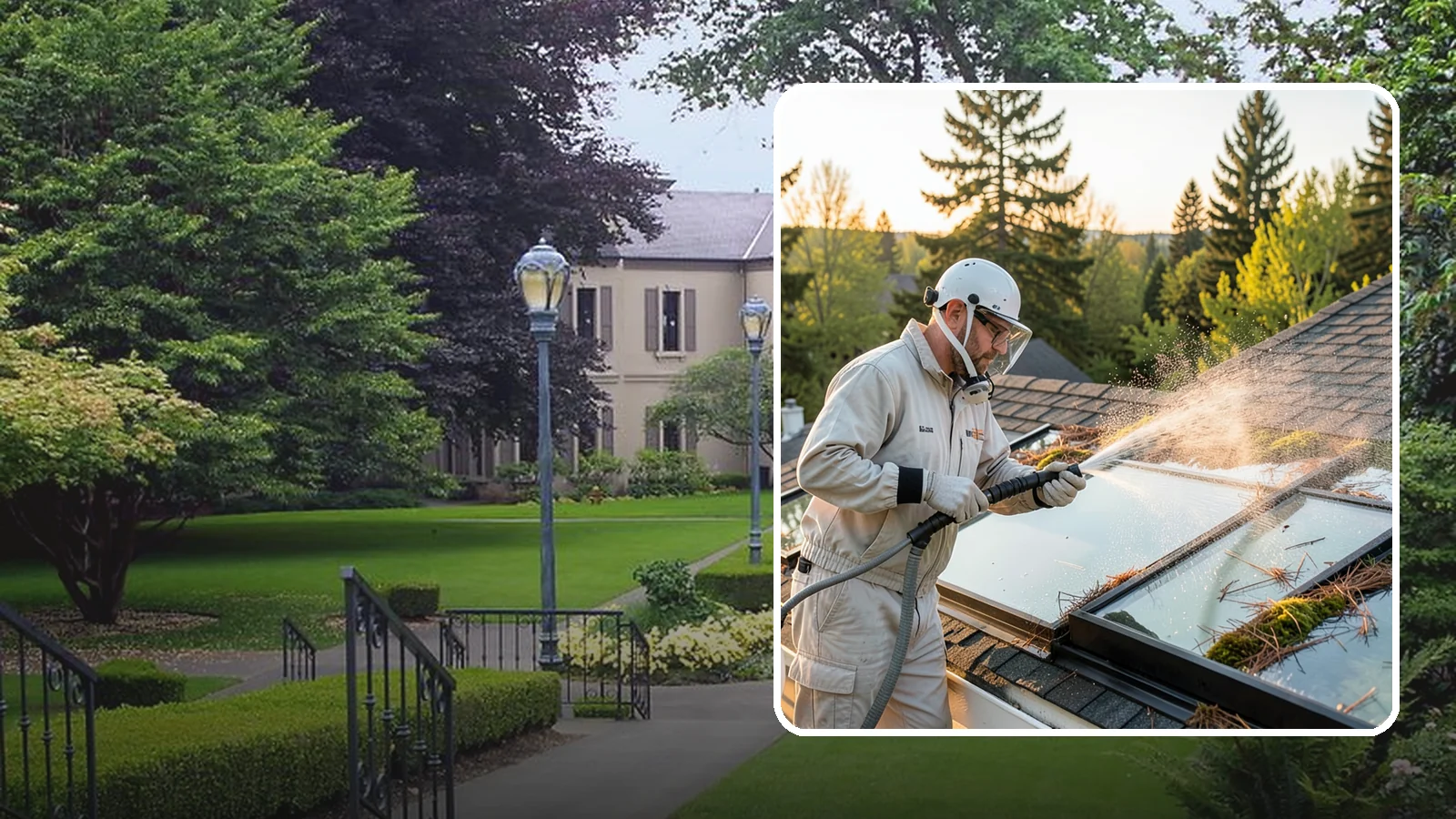 Skylight Cleaning in Woodinville, King County, WA - Cleaning of skylights coated in the moss, needles, and organic film that settle on our low-slope roof glass.