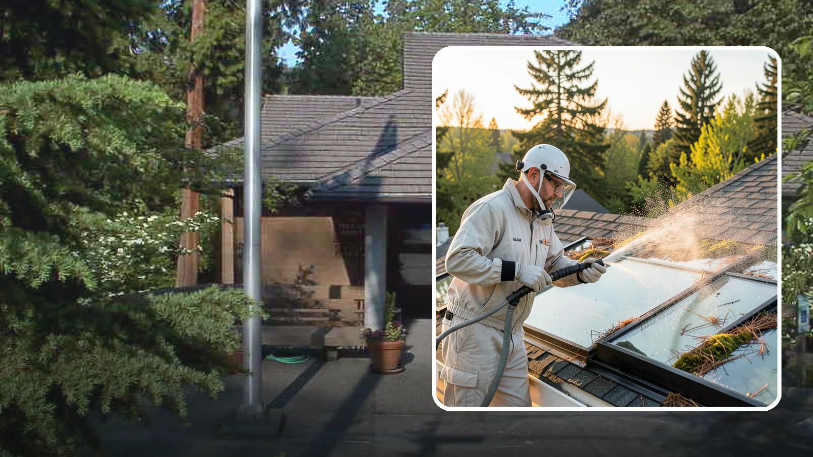Skylight Cleaning in Yarrow Point, King County, WA - Cleaning of skylights coated in the moss, needles, and organic film that settle on our low-slope roof glass.