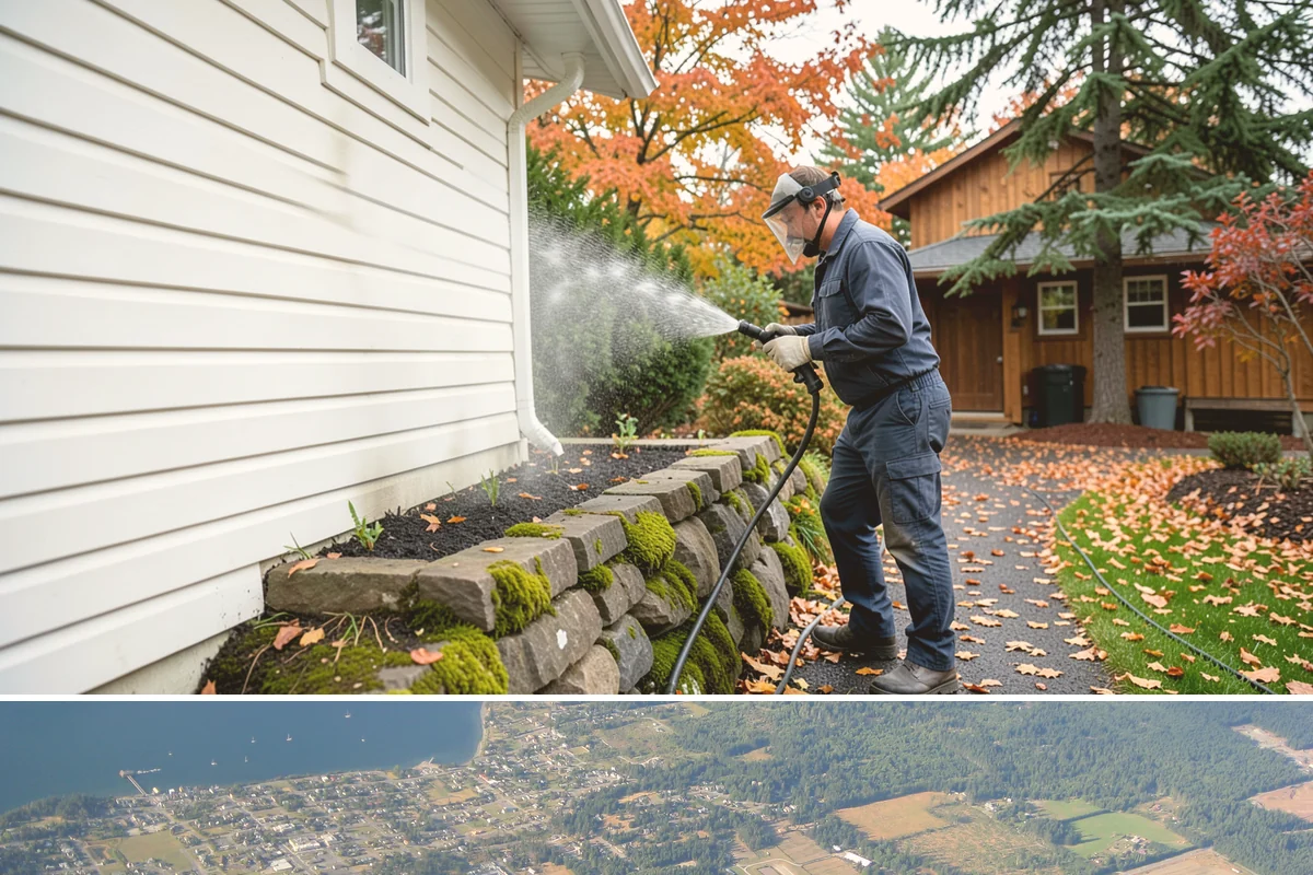 Slate Roof Cleaning in Coupeville, Island County, WA - Dry summer conditions provide the stable, low-risk footing needed for safe slate cleaning.