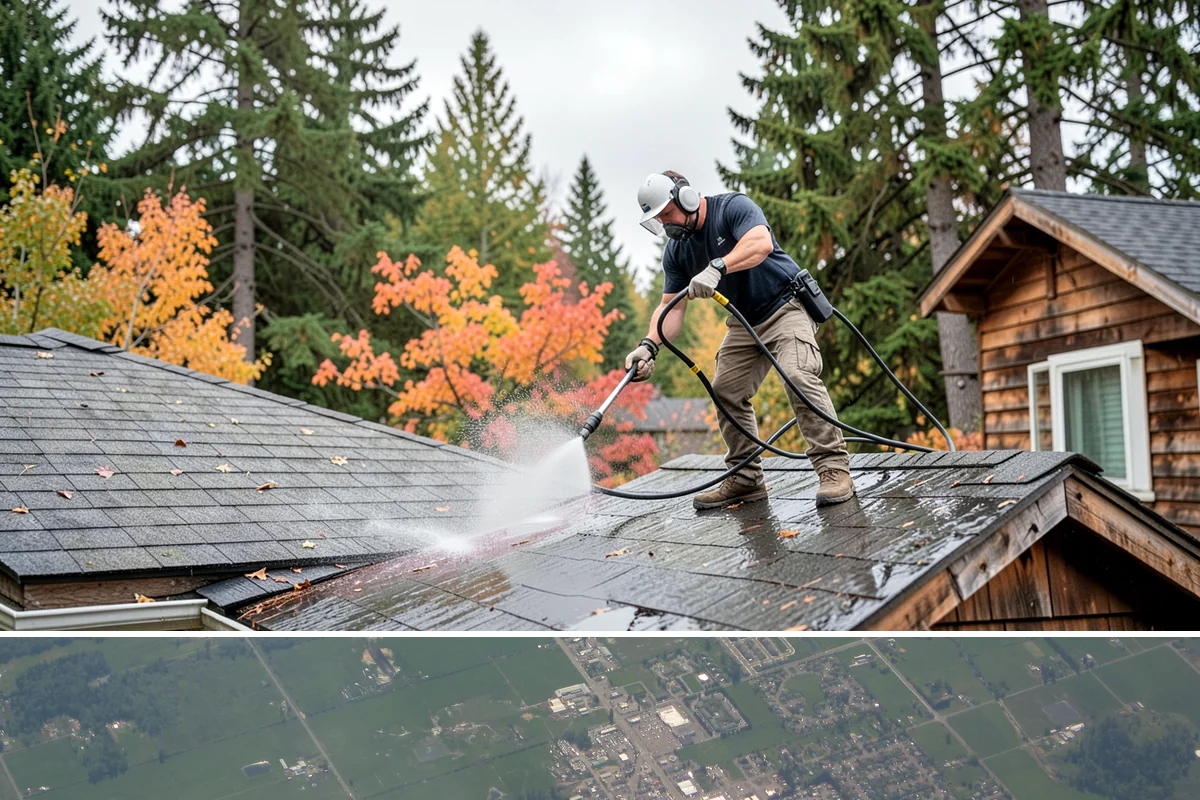 Slate Roof Cleaning in Enumclaw, King County, WA - Dry summer conditions provide the stable, low-risk footing needed for safe slate cleaning.