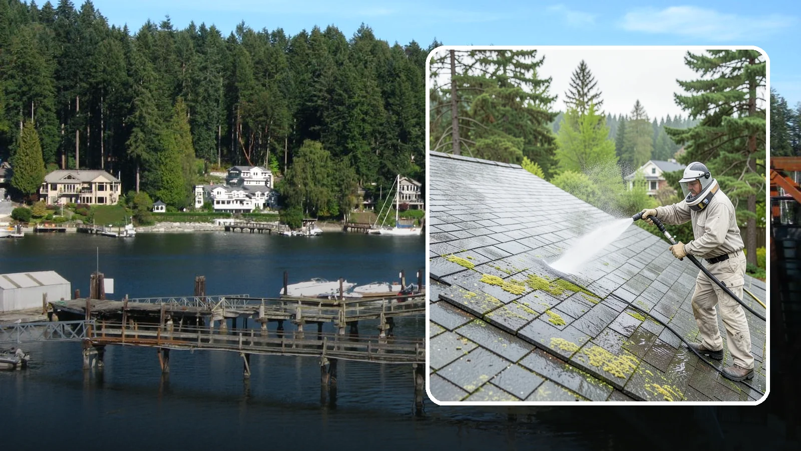 Slate Roof Cleaning in Gig Harbor, Pierce County, WA - Meticulous cleaning of natural slate roofs that removes lichen and algae without damaging the stone or fasteners.