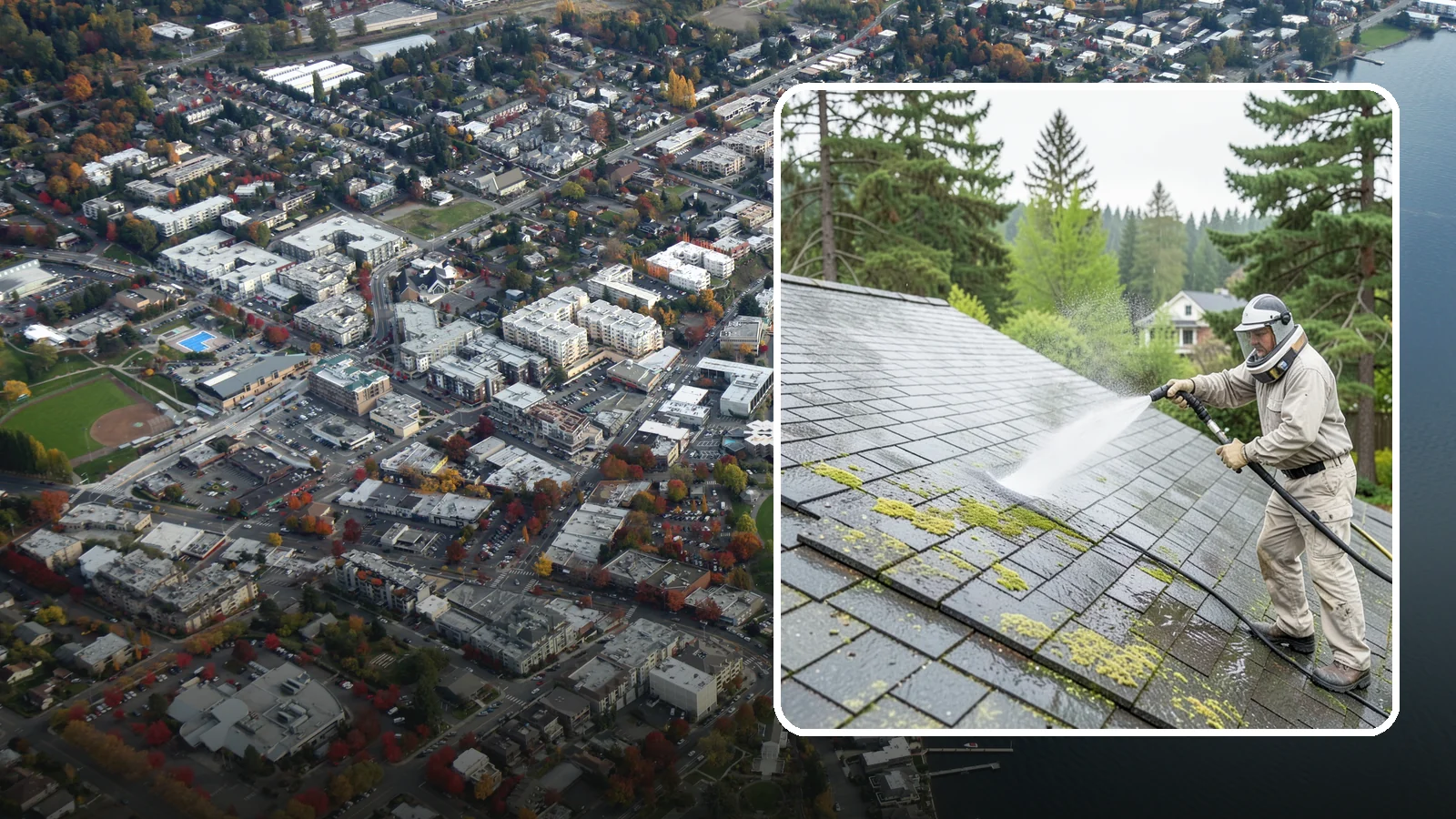 Slate Roof Cleaning in Kirkland, King County, WA - Meticulous cleaning of natural slate roofs that removes lichen and algae without damaging the stone or fasteners.