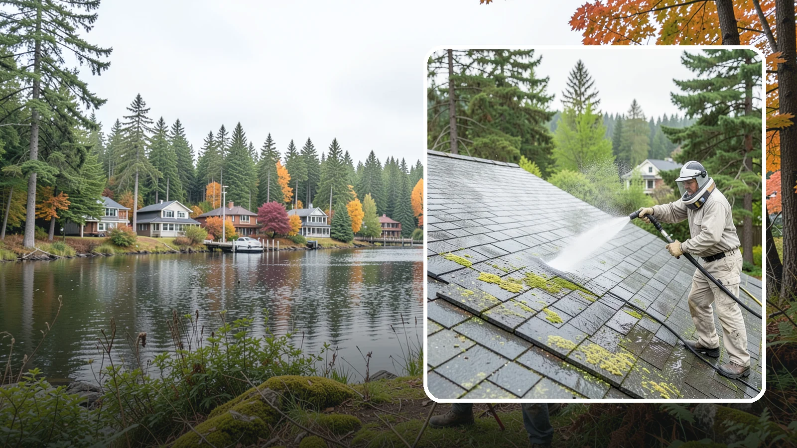 Slate Roof Cleaning in La Conner, Skagit County, WA - Meticulous cleaning of natural slate roofs that removes lichen and algae without damaging the stone or fasteners.