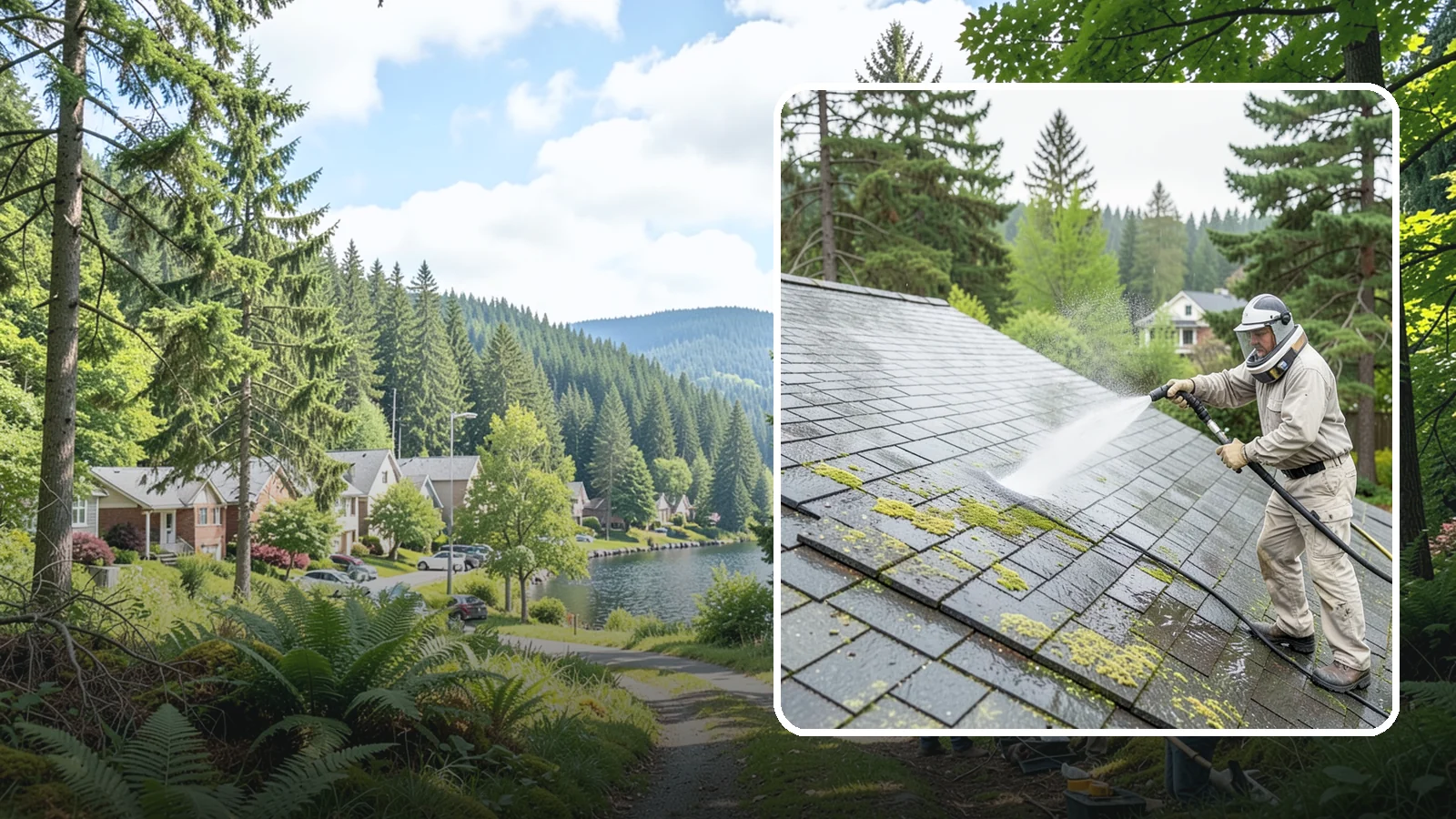 Slate Roof Cleaning in Lake Forest Park, King County, WA - Meticulous cleaning of natural slate roofs that removes lichen and algae without damaging the stone or fasteners.