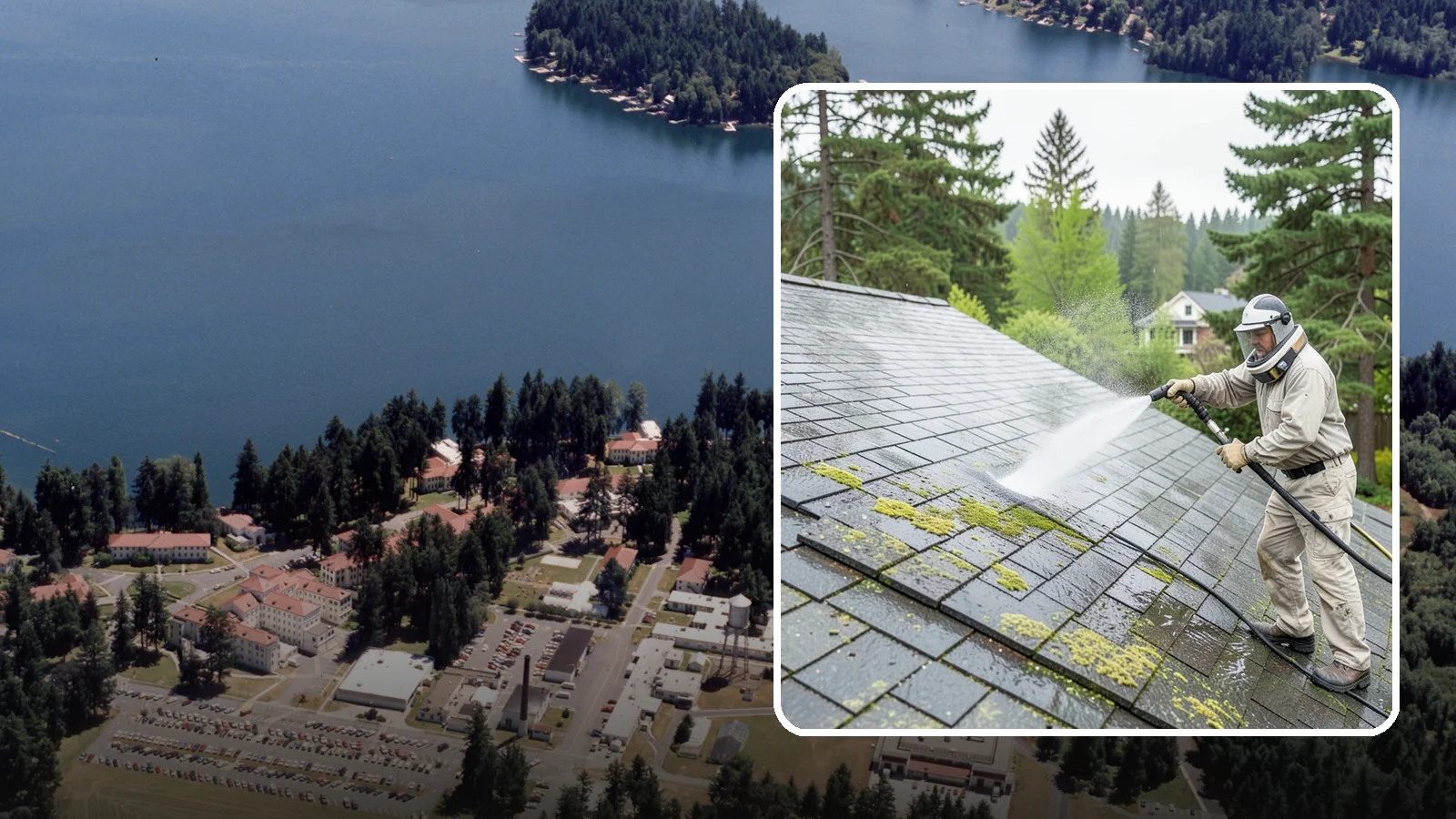 Slate Roof Cleaning in Lakewood, Pierce County, WA - Meticulous cleaning of natural slate roofs that removes lichen and algae without damaging the stone or fasteners.