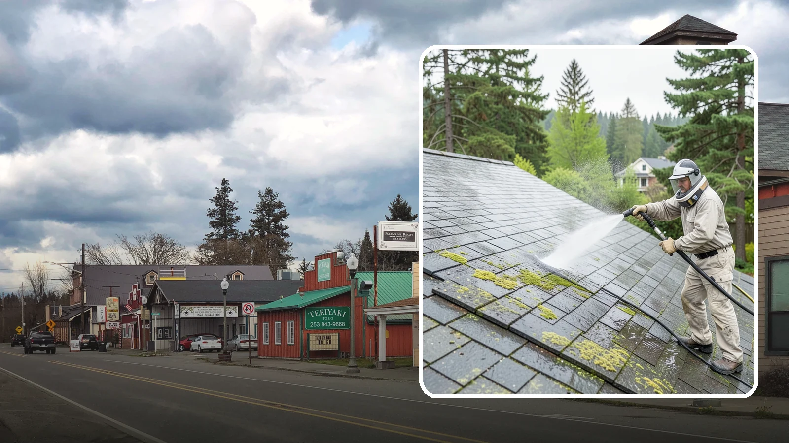 Slate Roof Cleaning in Roy, Pierce County, WA - Meticulous cleaning of natural slate roofs that removes lichen and algae without damaging the stone or fasteners.