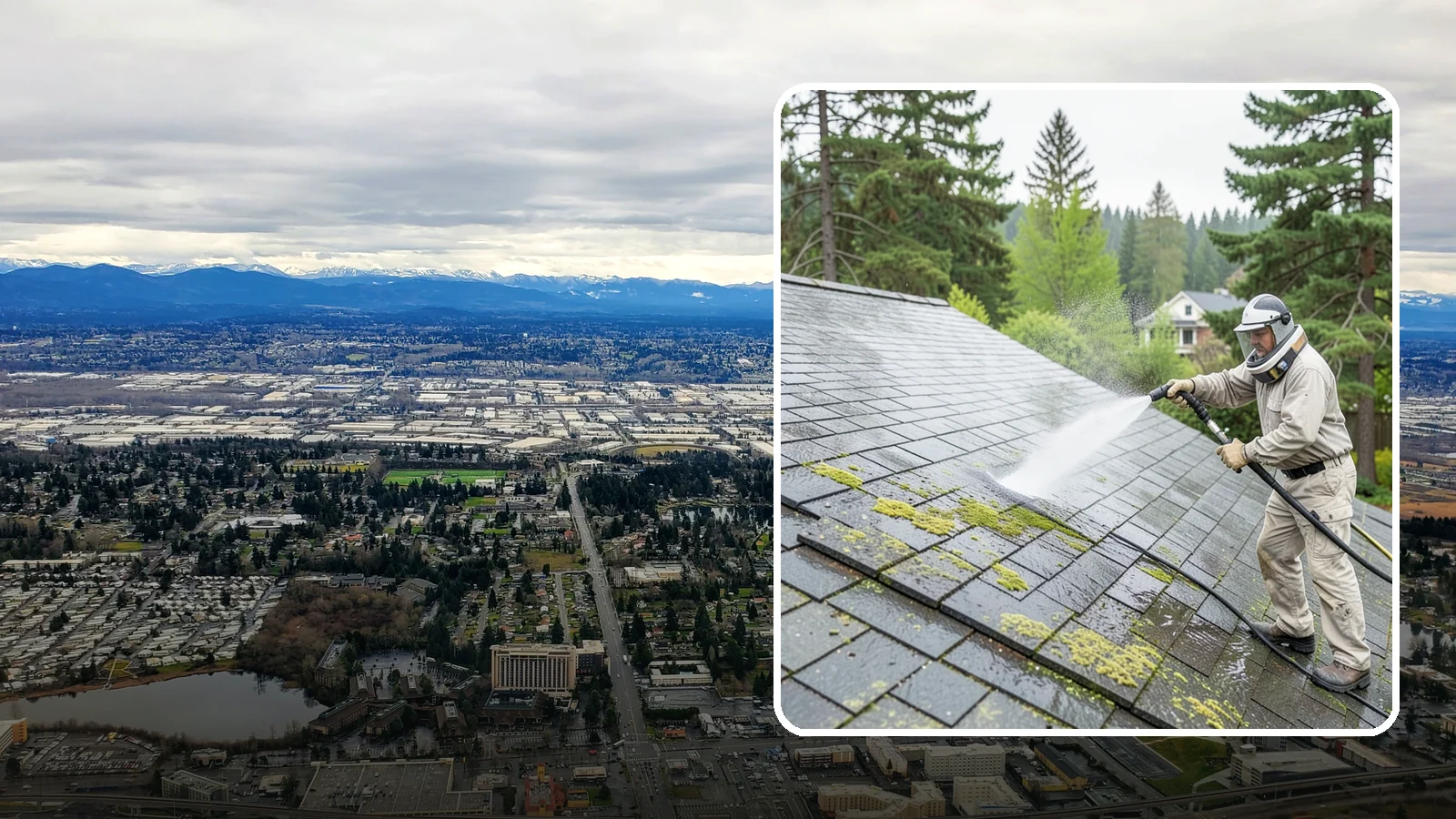 Slate Roof Cleaning in SeaTac, King County, WA - Meticulous cleaning of natural slate roofs that removes lichen and algae without damaging the stone or fasteners.