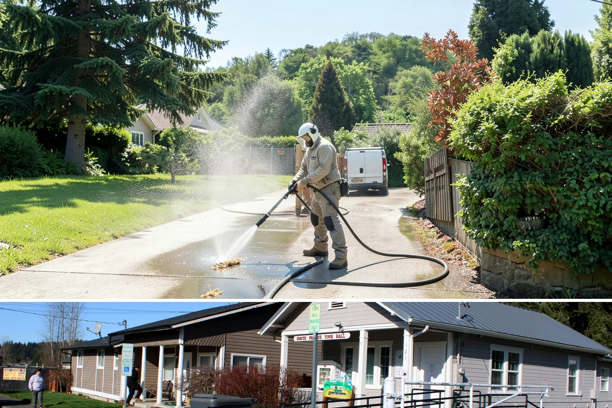 Slate Roof Cleaning in South Prairie, Pierce County, WA - Dry summer conditions provide the stable, low-risk footing needed for safe slate cleaning.