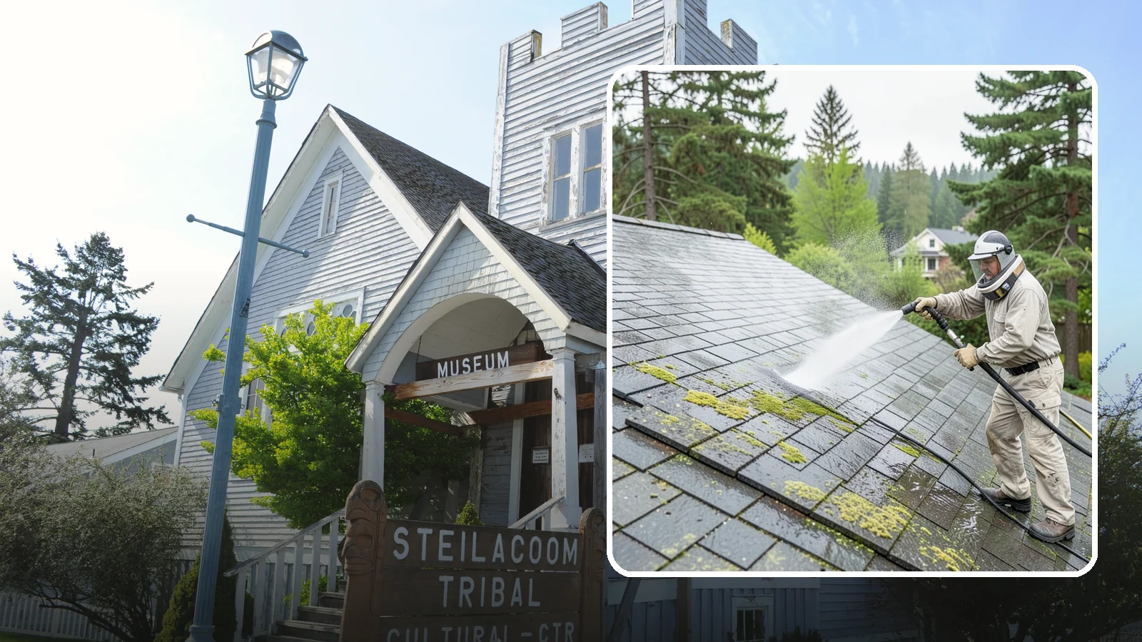 Slate Roof Cleaning in Steilacoom, Pierce County, WA - Meticulous cleaning of natural slate roofs that removes lichen and algae without damaging the stone or fasteners.