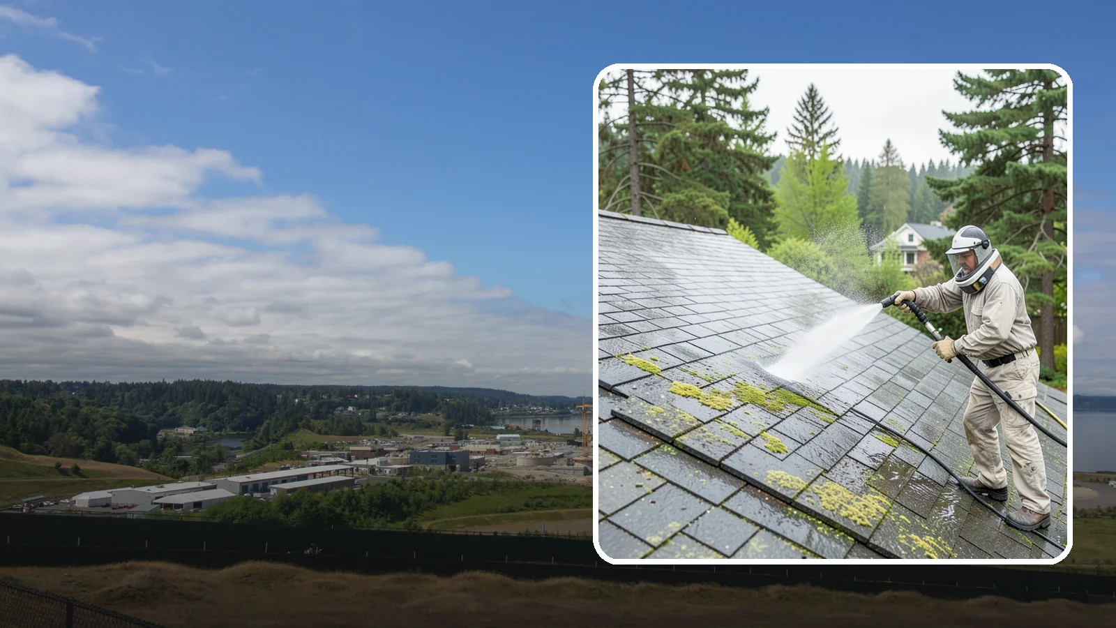 Slate Roof Cleaning in University Place, Pierce County, WA - Meticulous cleaning of natural slate roofs that removes lichen and algae without damaging the stone or fasteners.