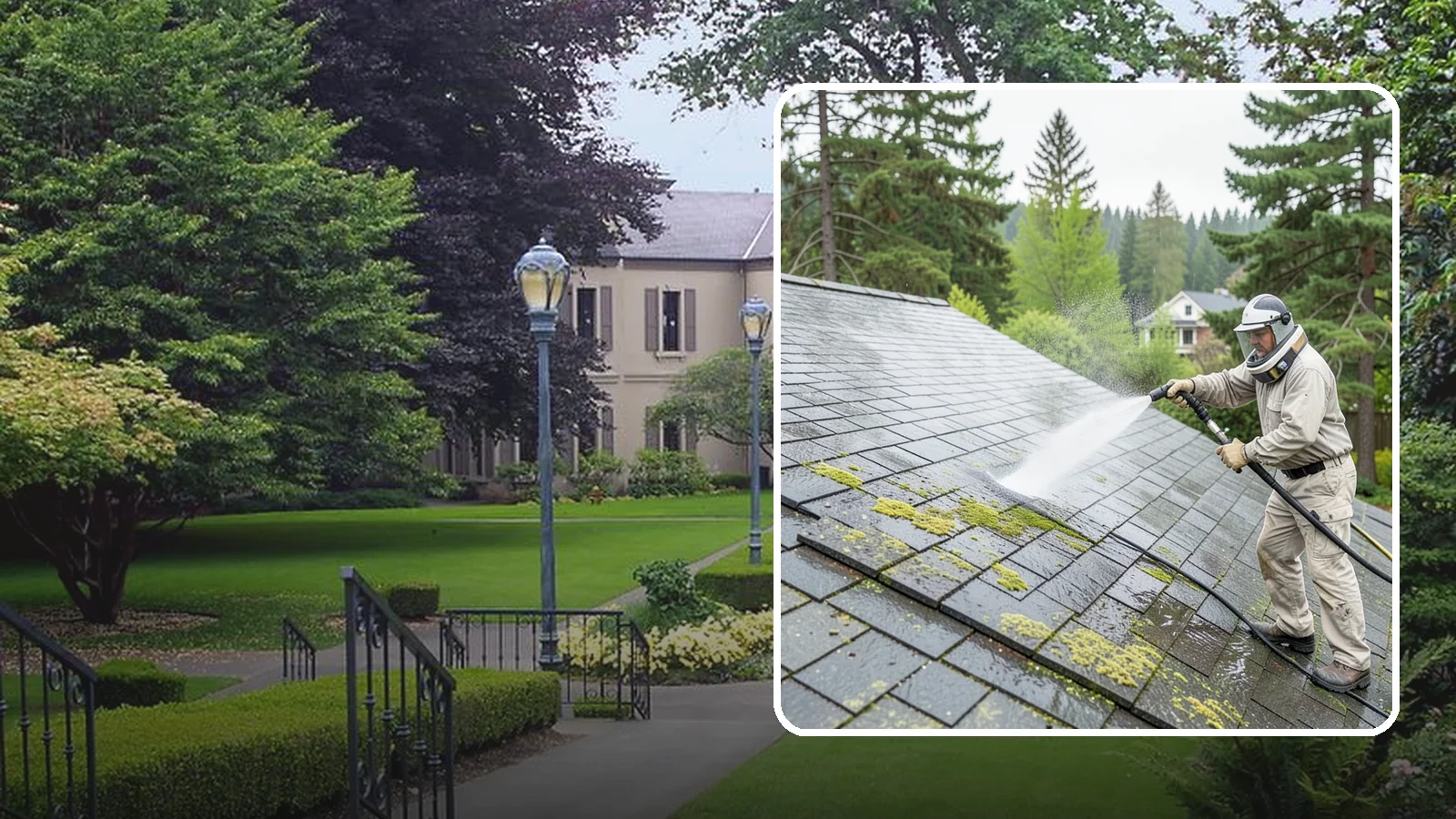 Slate Roof Cleaning in Woodinville, King County, WA - Meticulous cleaning of natural slate roofs that removes lichen and algae without damaging the stone or fasteners.