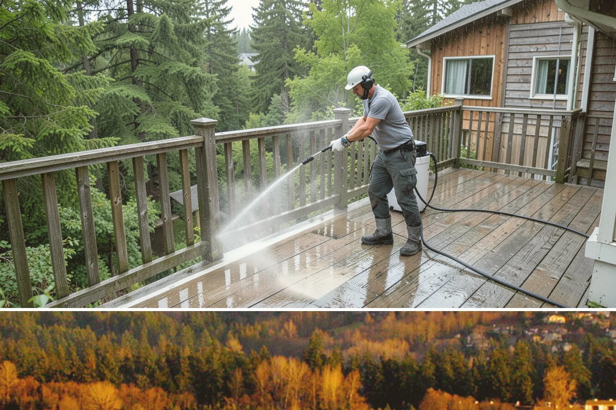 Soft Deck Washing in Kenmore, King County, WA - Soft wash decks in warm, dry summer weather to allow proper drying afterward.