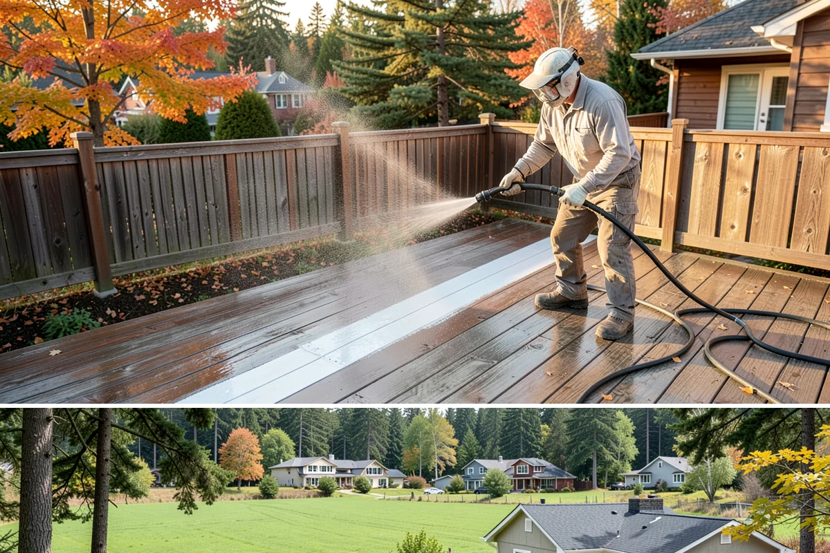 Soft Deck Washing in Lyman, Skagit County, WA - Soft wash decks in warm, dry summer weather to allow proper drying afterward.