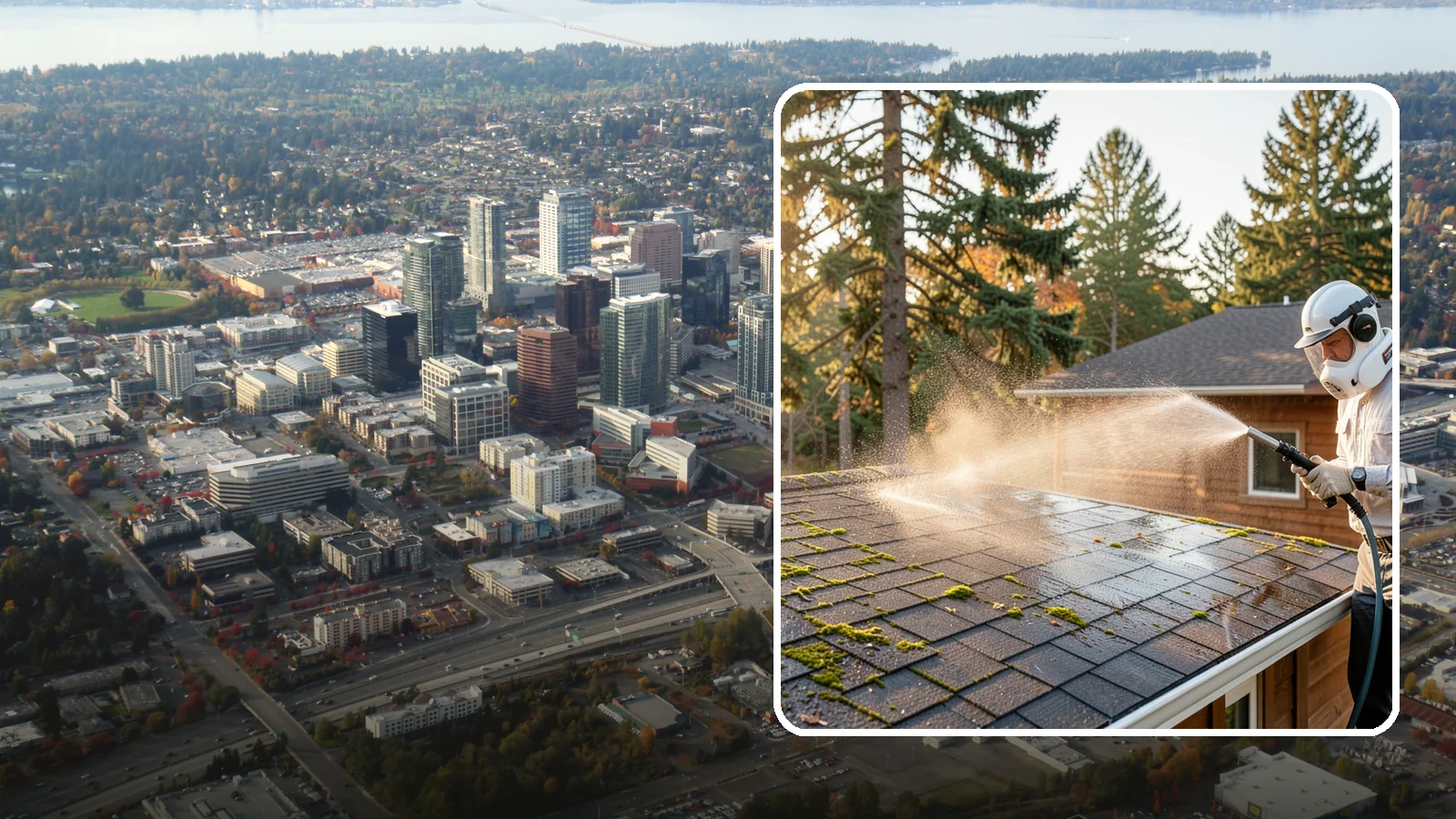 Soft Roof Washing in Bellevue, King County, WA - A gentle low-pressure soft wash that safely removes organic growth from delicate or aging Washington roofs.