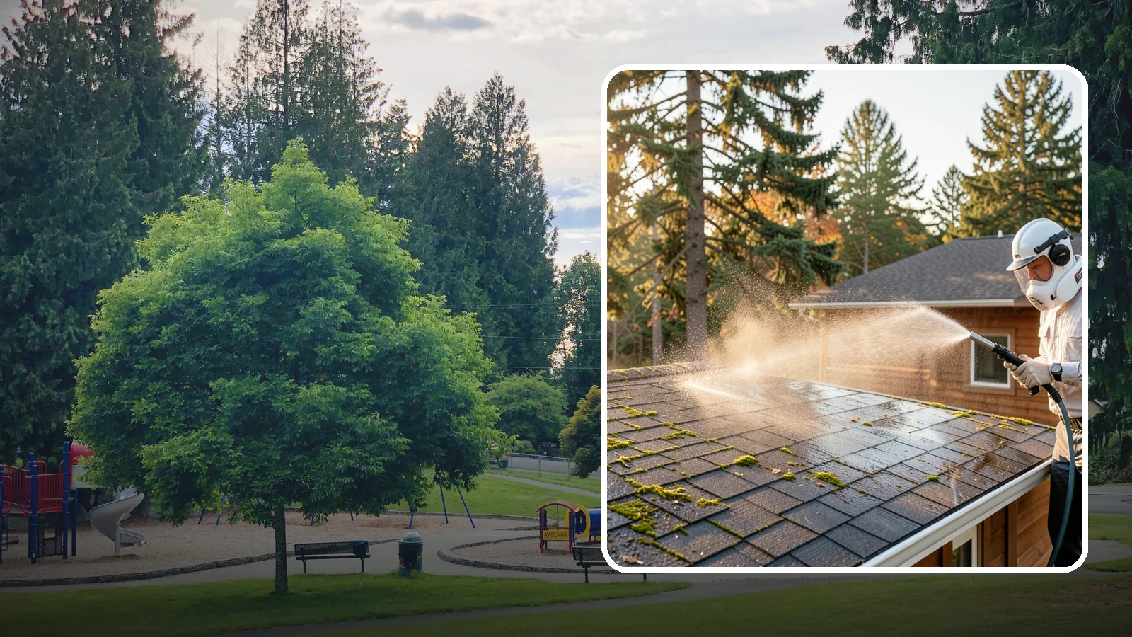 Soft Roof Washing in Bonney Lake, Pierce County, WA - A gentle low-pressure soft wash that safely removes organic growth from delicate or aging Washington roofs.