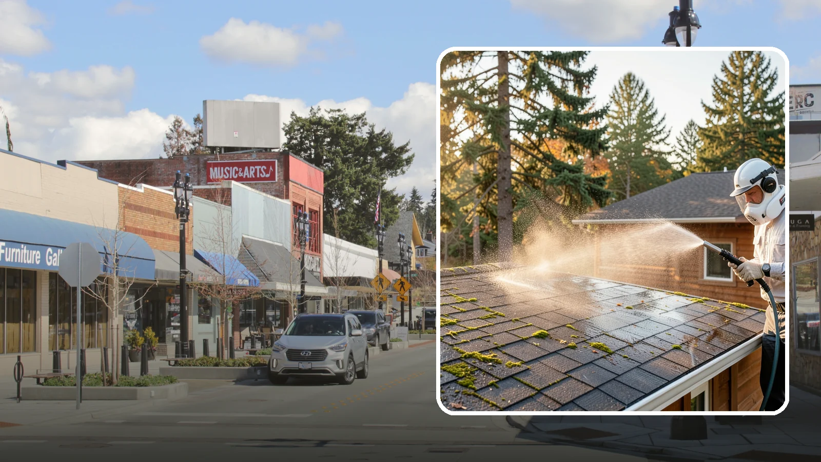 Soft Roof Washing in Bothell, King County, WA - A gentle low-pressure soft wash that safely removes organic growth from delicate or aging Washington roofs.