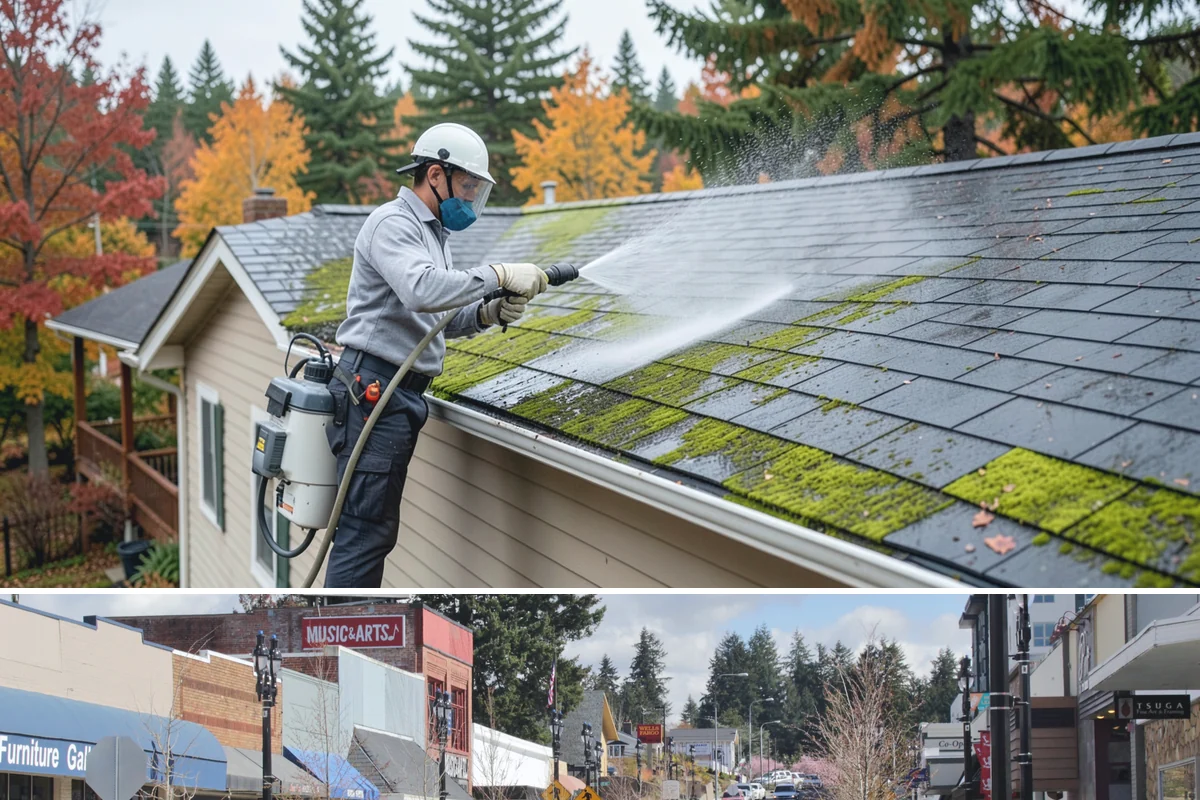 Soft Roof Washing in Bothell, King County, WA - Dry, mild days in summer give the soft wash solution ideal conditions to break down growth completely.