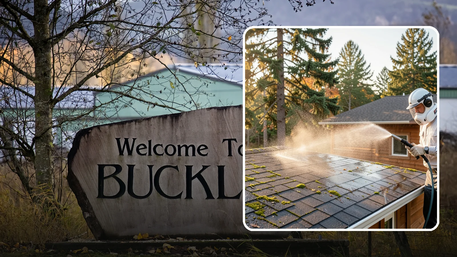 Soft Roof Washing in Buckley, Pierce County, WA - A gentle low-pressure soft wash that safely removes organic growth from delicate or aging Washington roofs.