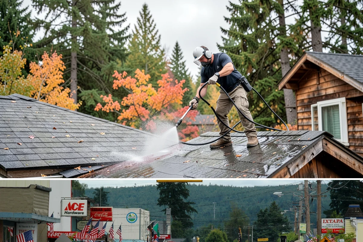 Soft Roof Washing in Carnation, King County, WA - Dry, mild days in summer give the soft wash solution ideal conditions to break down growth completely.