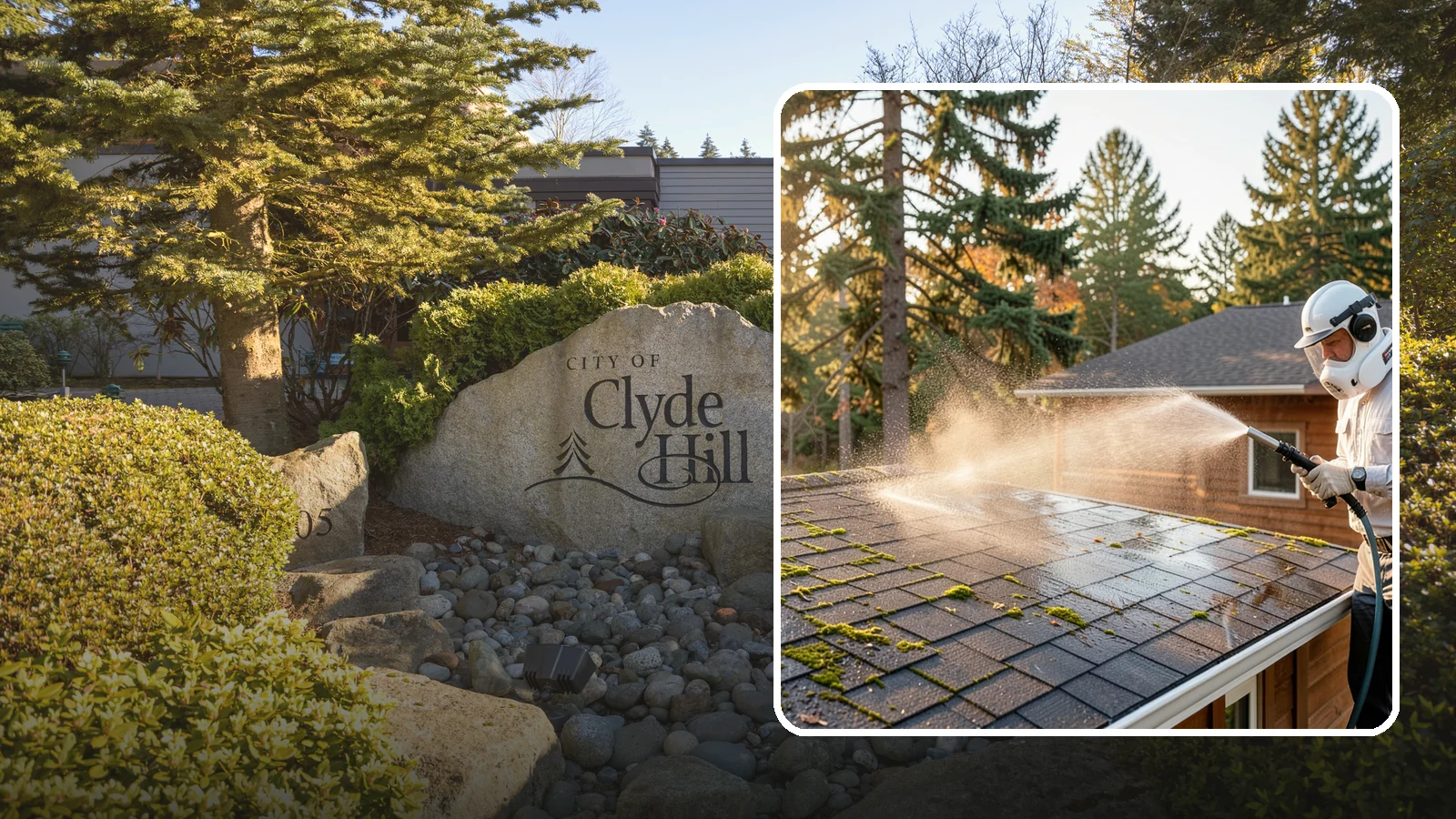 Soft Roof Washing in Clyde Hill, King County, WA - A gentle low-pressure soft wash that safely removes organic growth from delicate or aging Washington roofs.