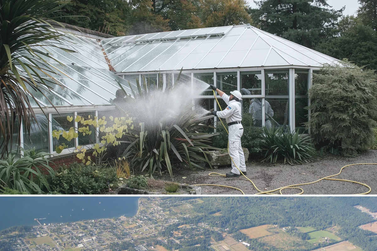 Soft Roof Washing in Coupeville, Island County, WA - Dry, mild days in summer give the soft wash solution ideal conditions to break down growth completely.