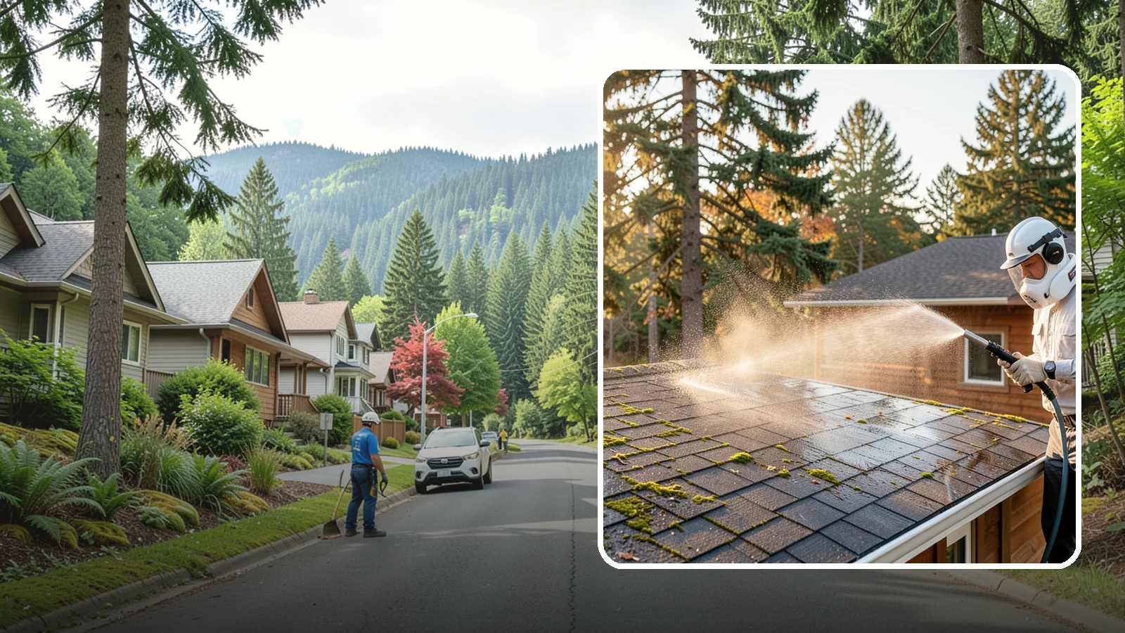 Soft Roof Washing in Darrington, Snohomish County, WA - A gentle low-pressure soft wash that safely removes organic growth from delicate or aging Washington roofs.