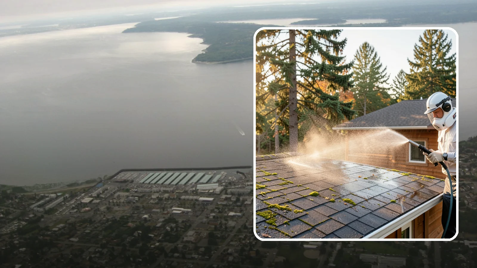 Soft Roof Washing in Des Moines, King County, WA - A gentle low-pressure soft wash that safely removes organic growth from delicate or aging Washington roofs.