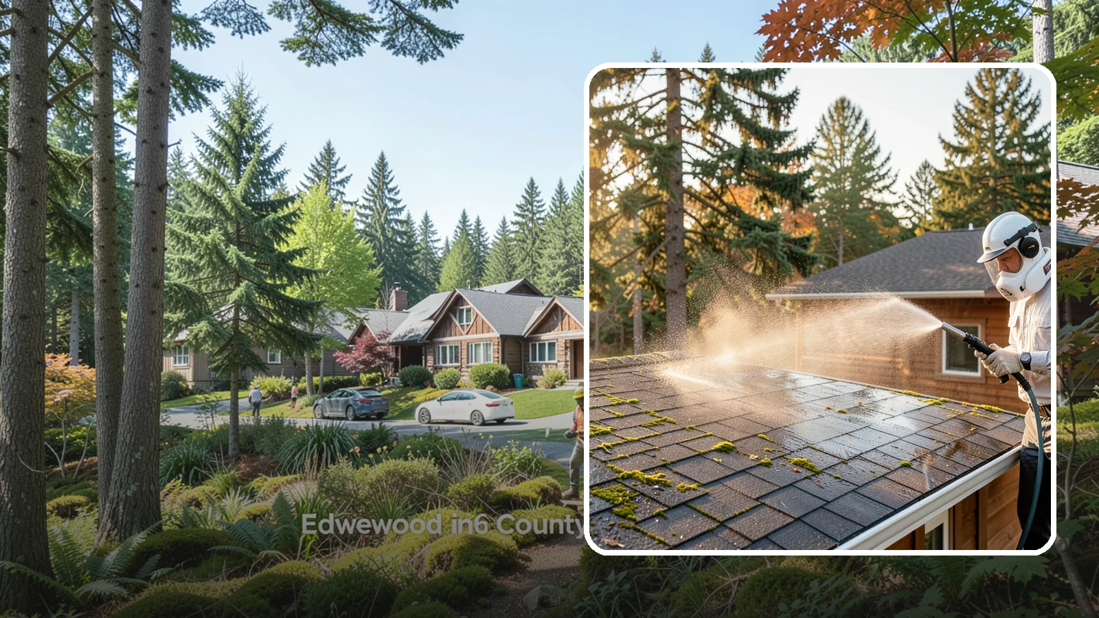 Soft Roof Washing in Edgewood, Pierce County, WA - A gentle low-pressure soft wash that safely removes organic growth from delicate or aging Washington roofs.
