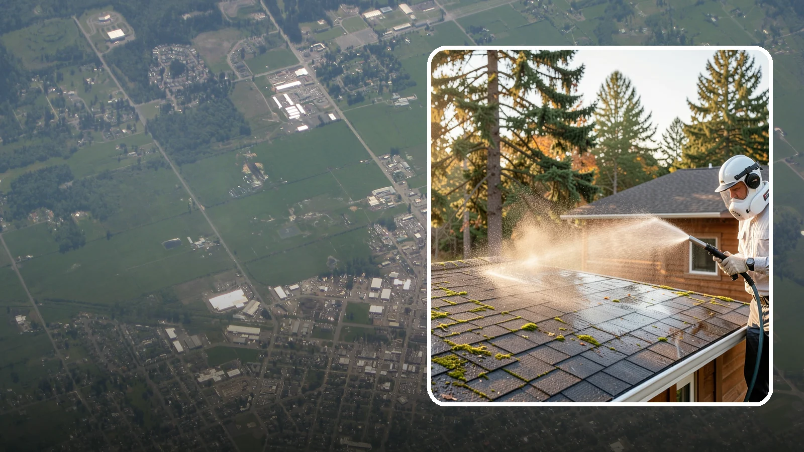 Soft Roof Washing in Enumclaw, King County, WA - A gentle low-pressure soft wash that safely removes organic growth from delicate or aging Washington roofs.