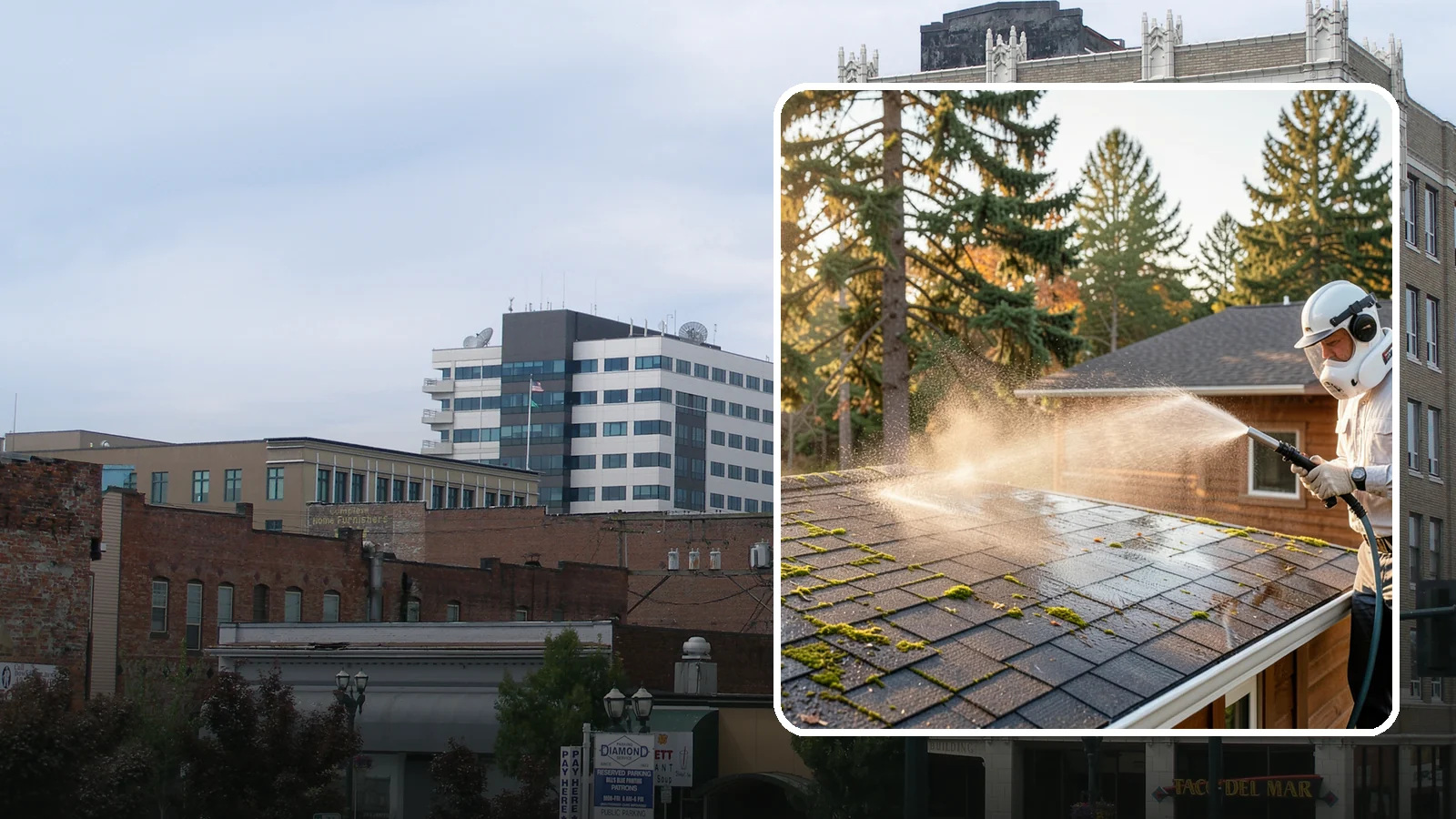 Soft Roof Washing in Everett, Snohomish County, WA - A gentle low-pressure soft wash that safely removes organic growth from delicate or aging Washington roofs.