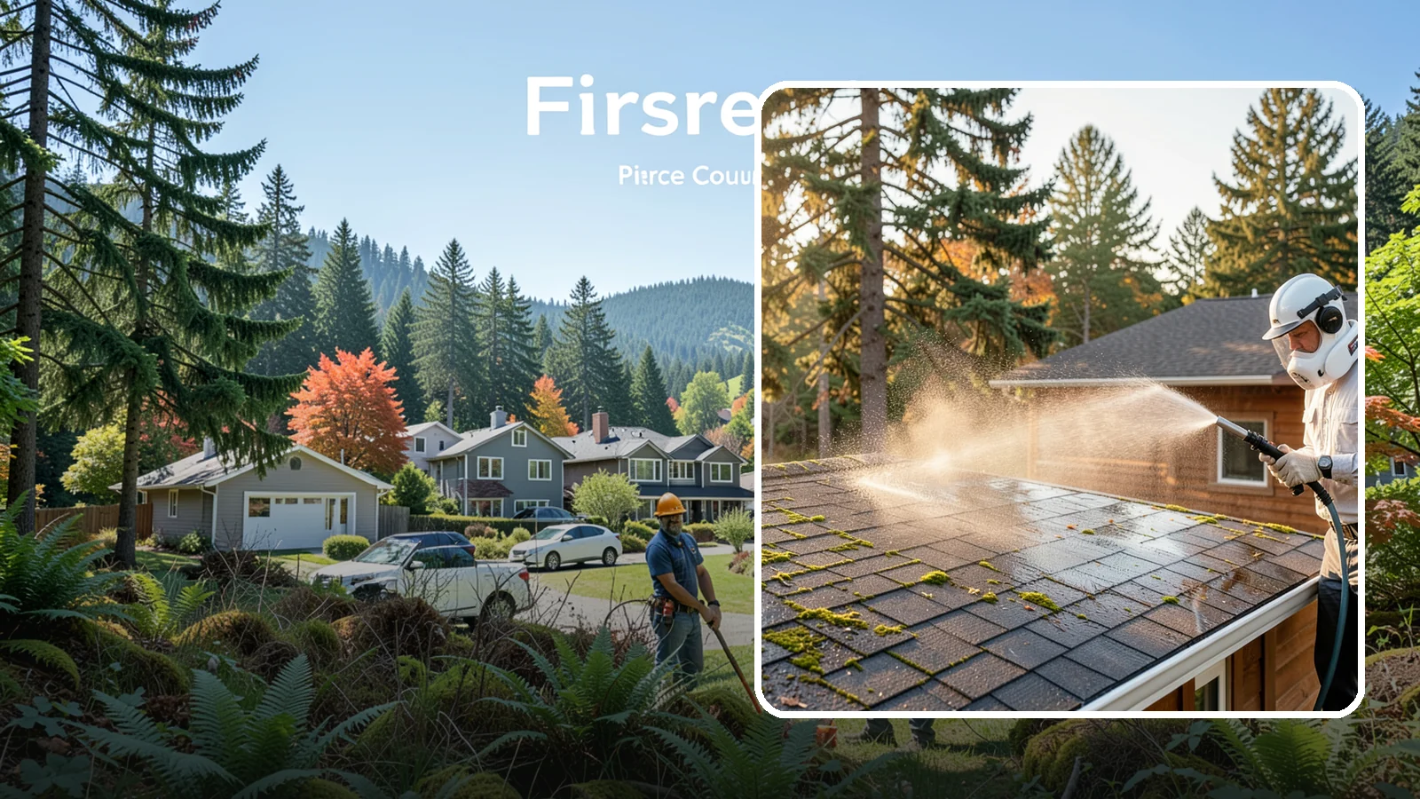 Soft Roof Washing in Fircrest, Pierce County, WA - A gentle low-pressure soft wash that safely removes organic growth from delicate or aging Washington roofs.