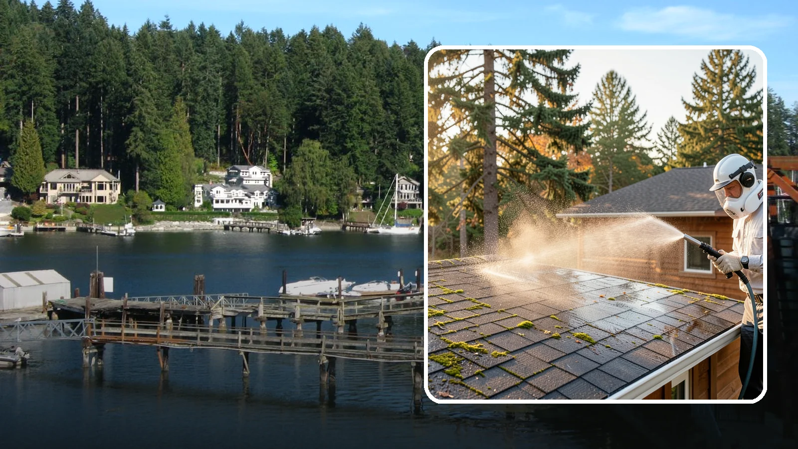 Soft Roof Washing in Gig Harbor, Pierce County, WA - A gentle low-pressure soft wash that safely removes organic growth from delicate or aging Washington roofs.