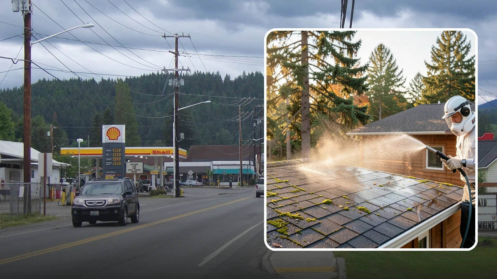 Soft Roof Washing in Granite Falls, Snohomish County, WA - A gentle low-pressure soft wash that safely removes organic growth from delicate or aging Washington roofs.