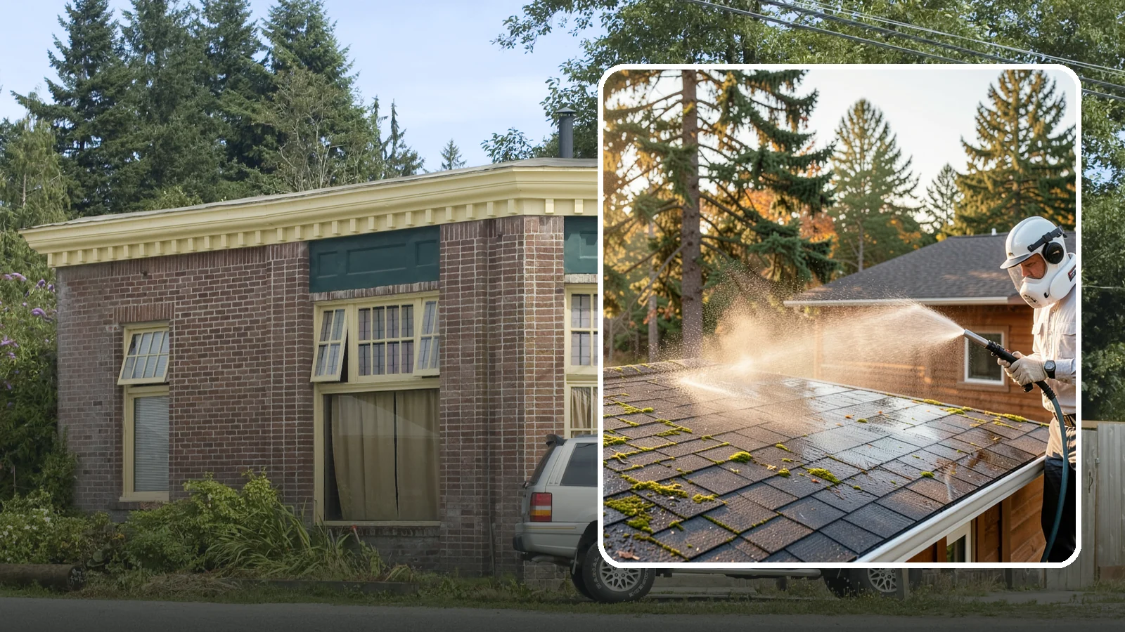 Soft Roof Washing in Hamilton, Skagit County, WA - A gentle low-pressure soft wash that safely removes organic growth from delicate or aging Washington roofs.