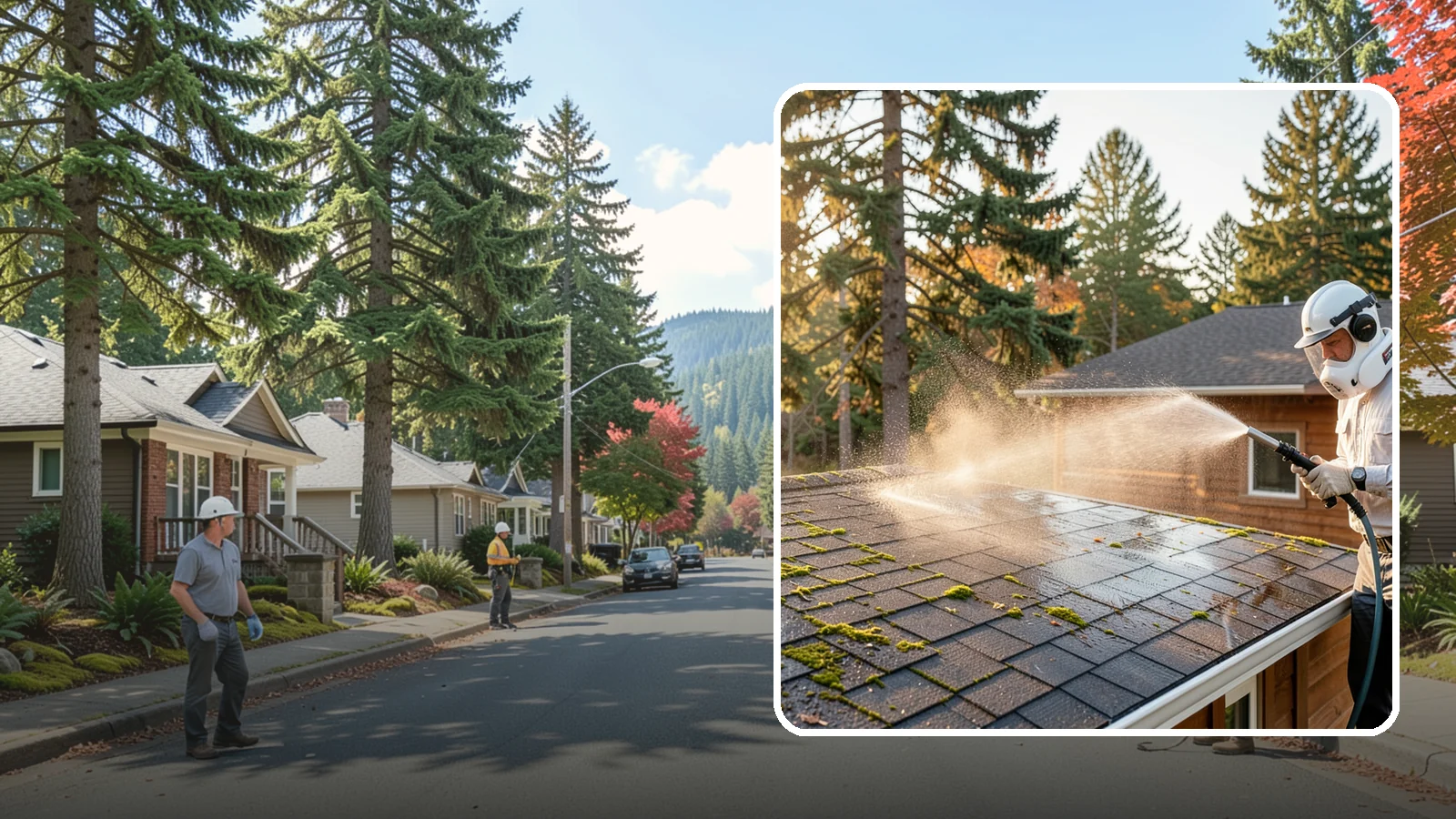 Soft Roof Washing in Hunts Point, King County, WA - A gentle low-pressure soft wash that safely removes organic growth from delicate or aging Washington roofs.