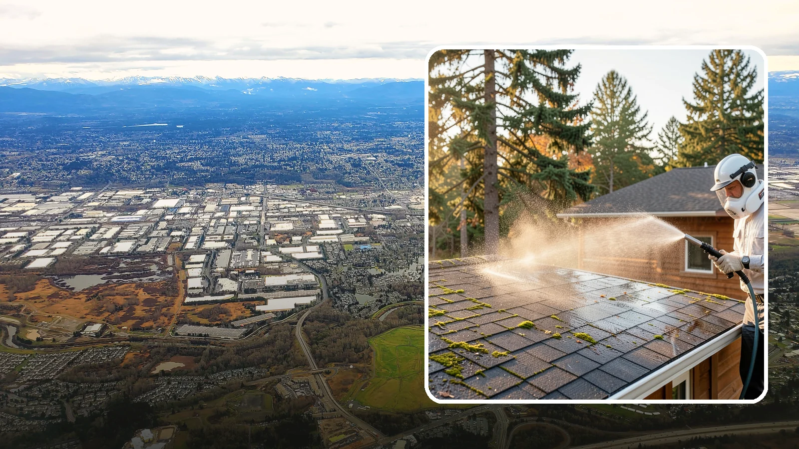 Soft Roof Washing in Kent, King County, WA - A gentle low-pressure soft wash that safely removes organic growth from delicate or aging Washington roofs.