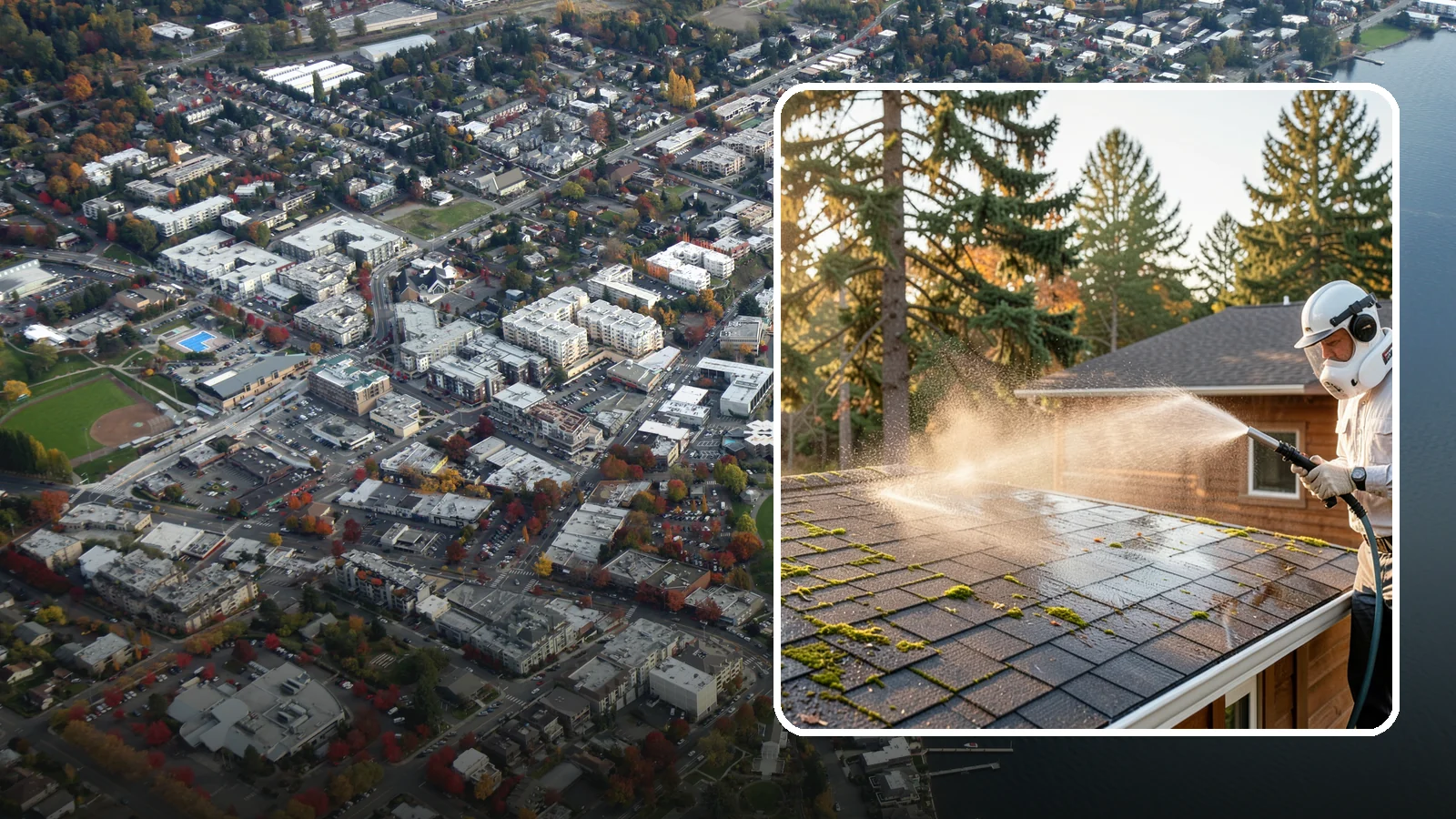 Soft Roof Washing in Kirkland, King County, WA - A gentle low-pressure soft wash that safely removes organic growth from delicate or aging Washington roofs.