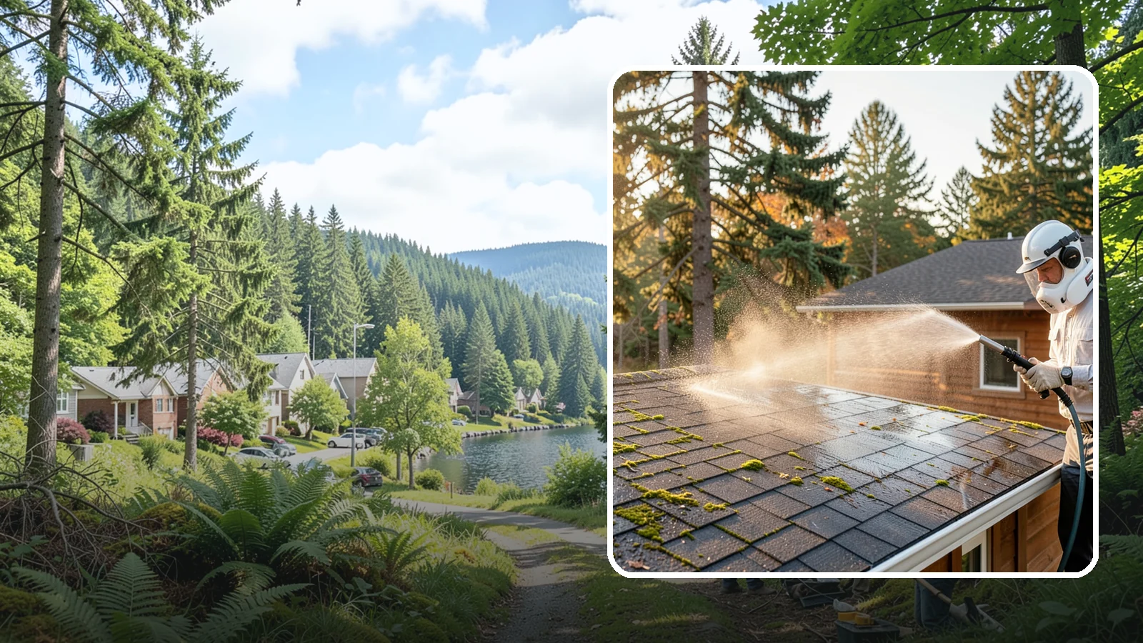 Soft Roof Washing in Lake Forest Park, King County, WA - A gentle low-pressure soft wash that safely removes organic growth from delicate or aging Washington roofs.