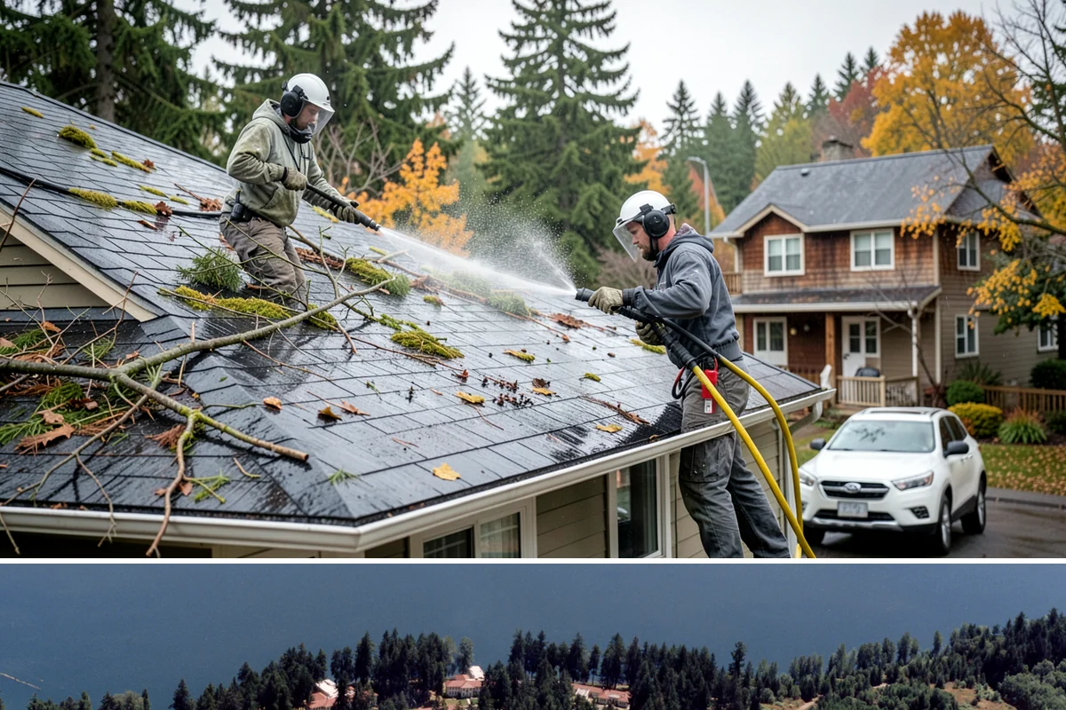 Soft Roof Washing in Lakewood, Pierce County, WA - Dry, mild days in summer give the soft wash solution ideal conditions to break down growth completely.