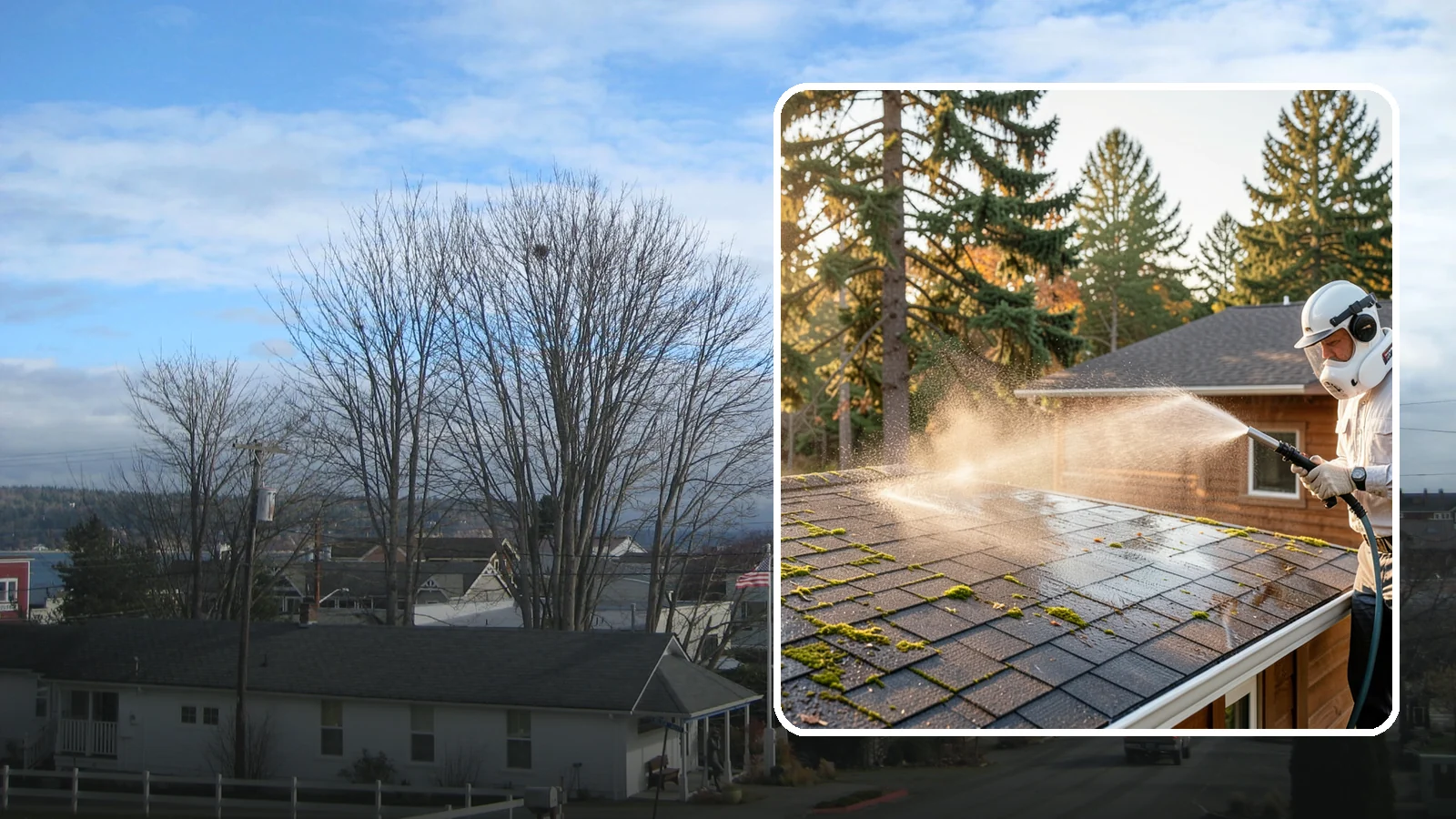 Soft Roof Washing in Langley, Island County, WA - A gentle low-pressure soft wash that safely removes organic growth from delicate or aging Washington roofs.